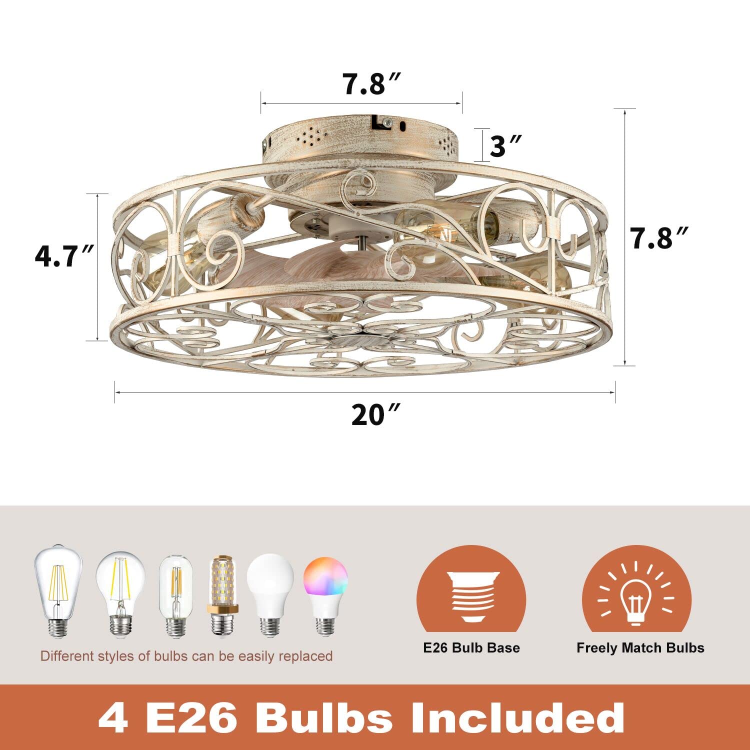 Xudom 20'' Caged Ceiling Fans With Lights And Remote, Bladeless Ceiling Fan 6 Speed Reversible With 4 Bulbs And Remote Control,F