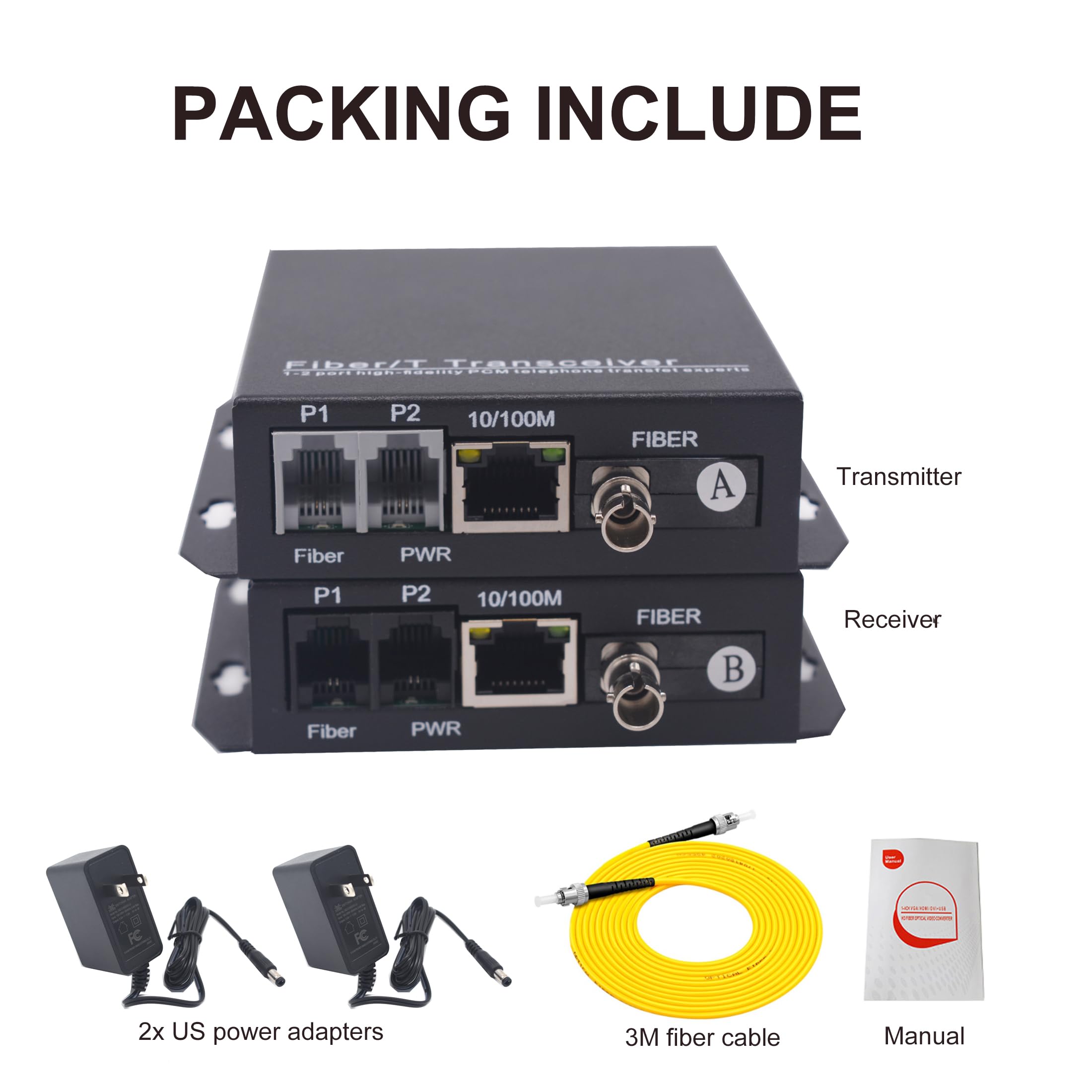 Wekuant 2 Pots Telephone And 10/100M Ethernet Over Fiber Optic Extender St Adapter Singlemode Fiber Up To 20Km(12.4 Mi) Multimod