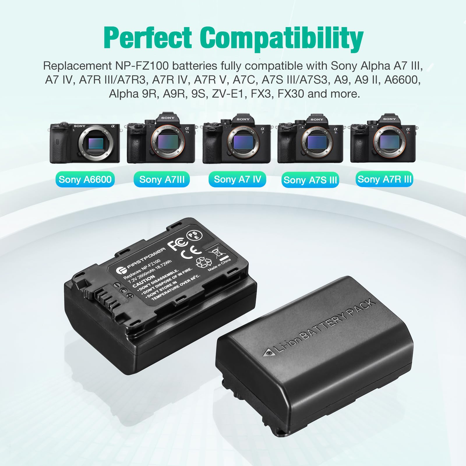 FirstPower NP-FZ100 Battery 2-Pack Dual USB Charger for Sony Alpha A7 III IV R III IV S III C A6600 A1 A9 FX3 FX30 ZV-E1 Cameras Black