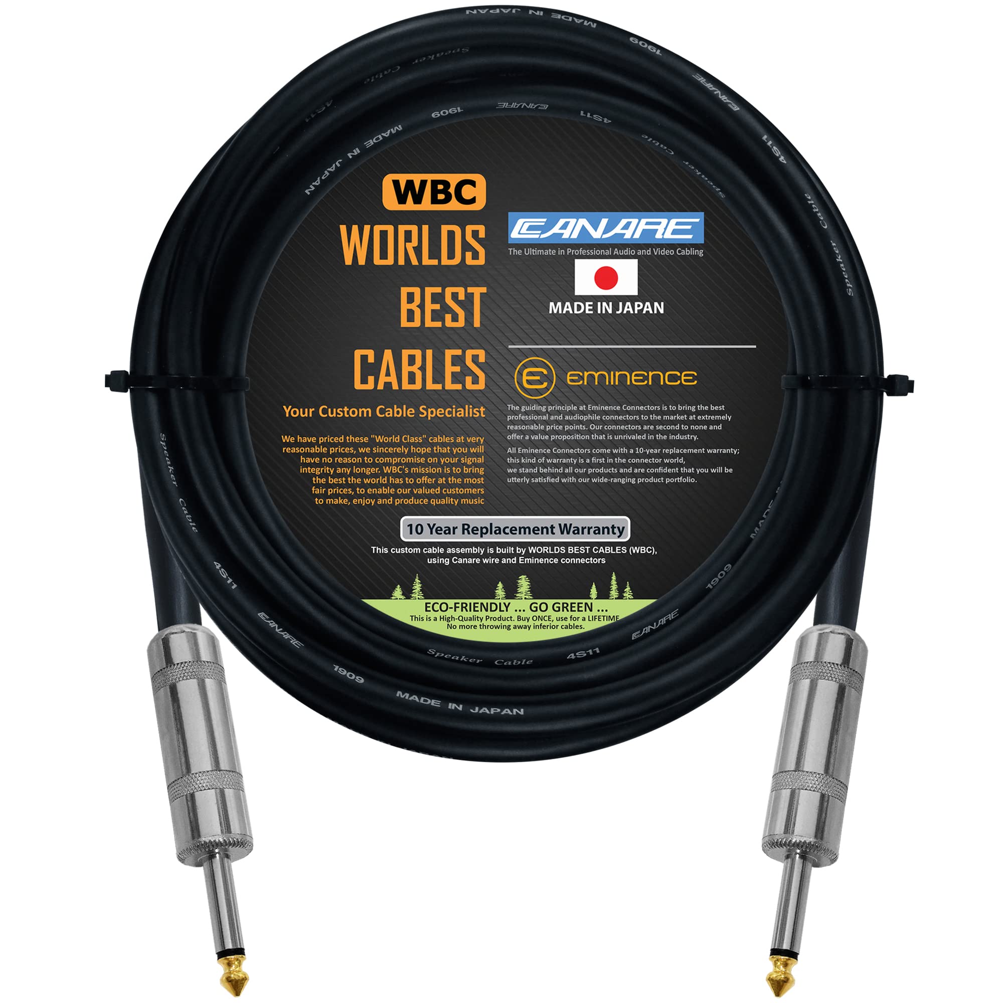 Worlds Best Cables 15 Foot   Canare 4S11 Speaker Cable Terminated With Heavy Duty 1/4 Inch Jumbo Sized Plug   Ts Connectors   Cu