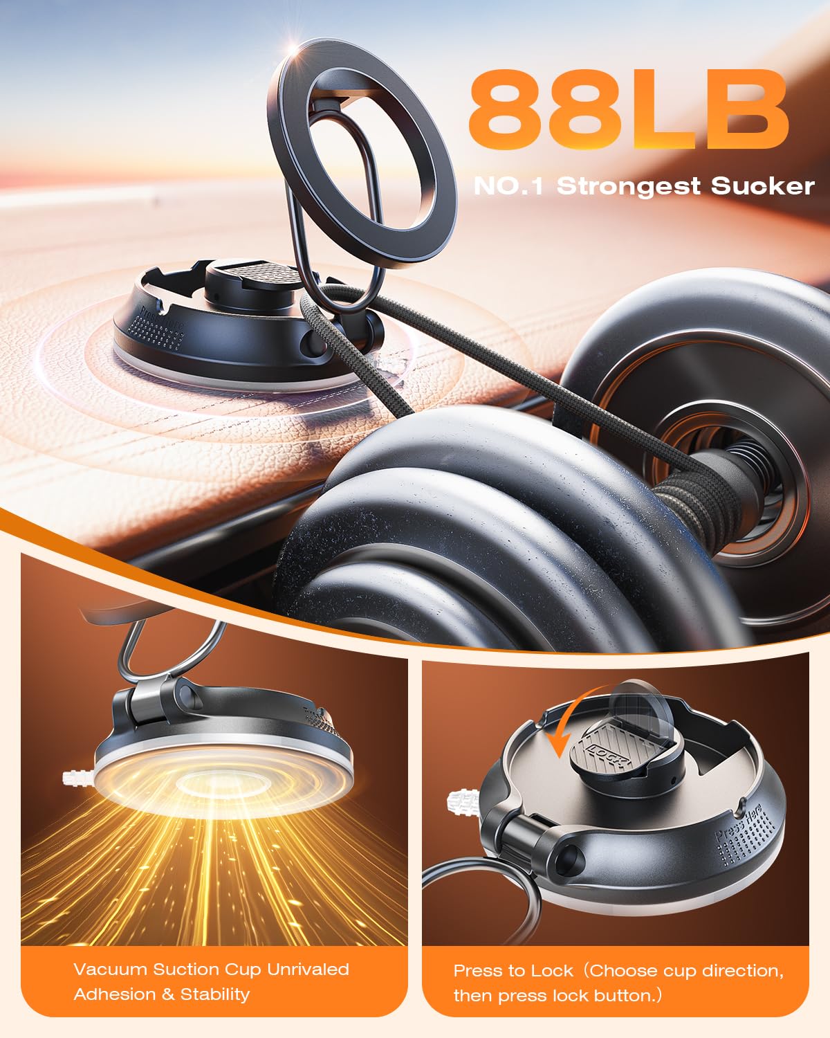 ?2025 Newest?Superone For Magsafe Car Mount Suction Cup,?80% Less Spcae, Strongest Suction?Magnetic Phone Holder For Car, Vacuum