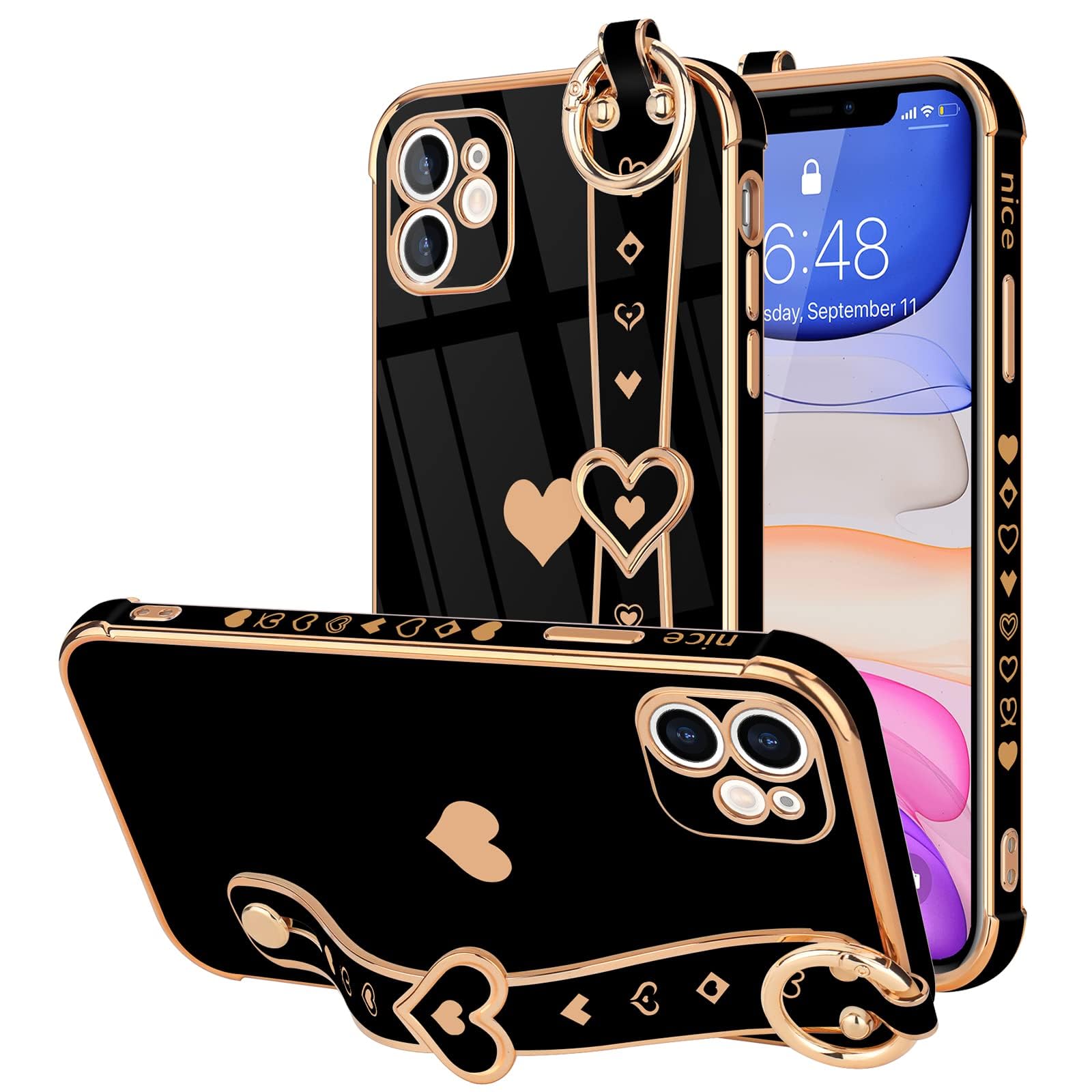 Llz.Coque For Iphone 11 Case Cute Love Heart Plating Strap Phone Cover For Women Girlss Bling Soft Silicone Camera Lens Protecti