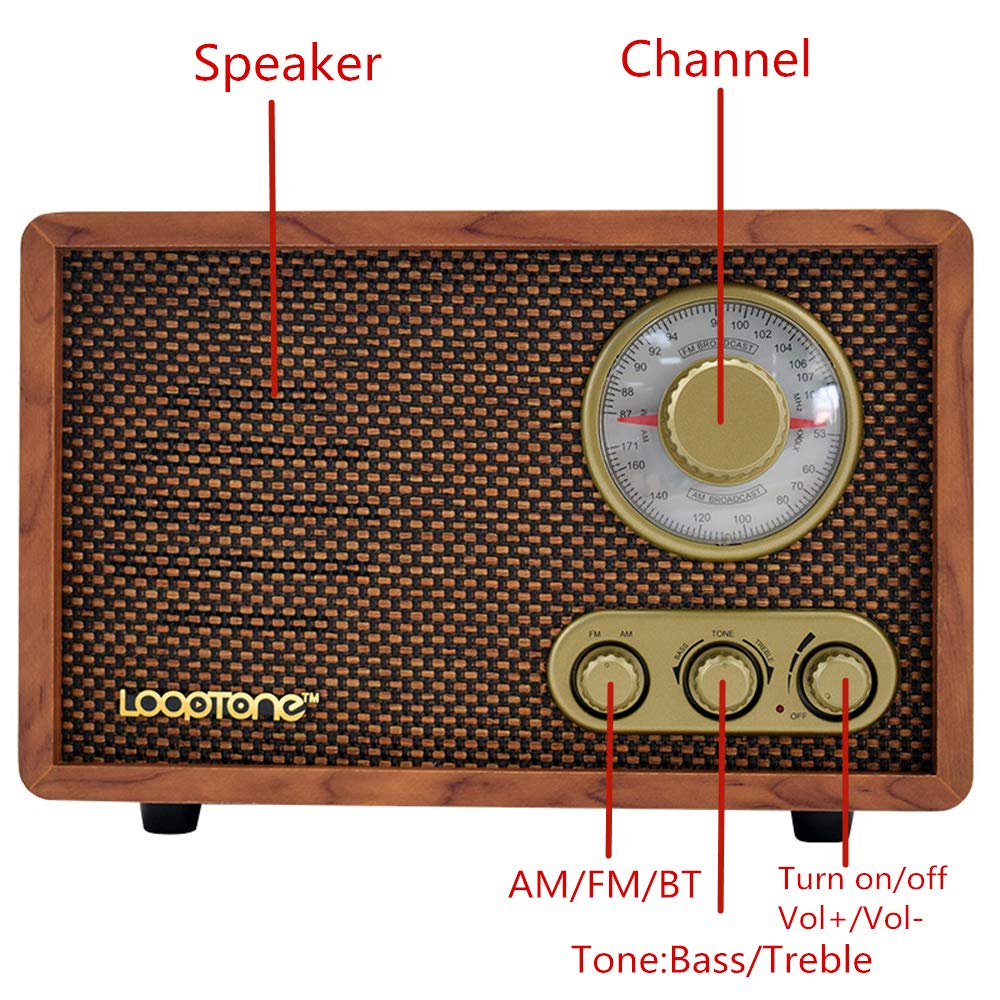 LoopTone Retro AM FM Radio with Bluetooth Speaker, Wooden Design, Treble Bass Control, Model DS-R08-W, Brown
