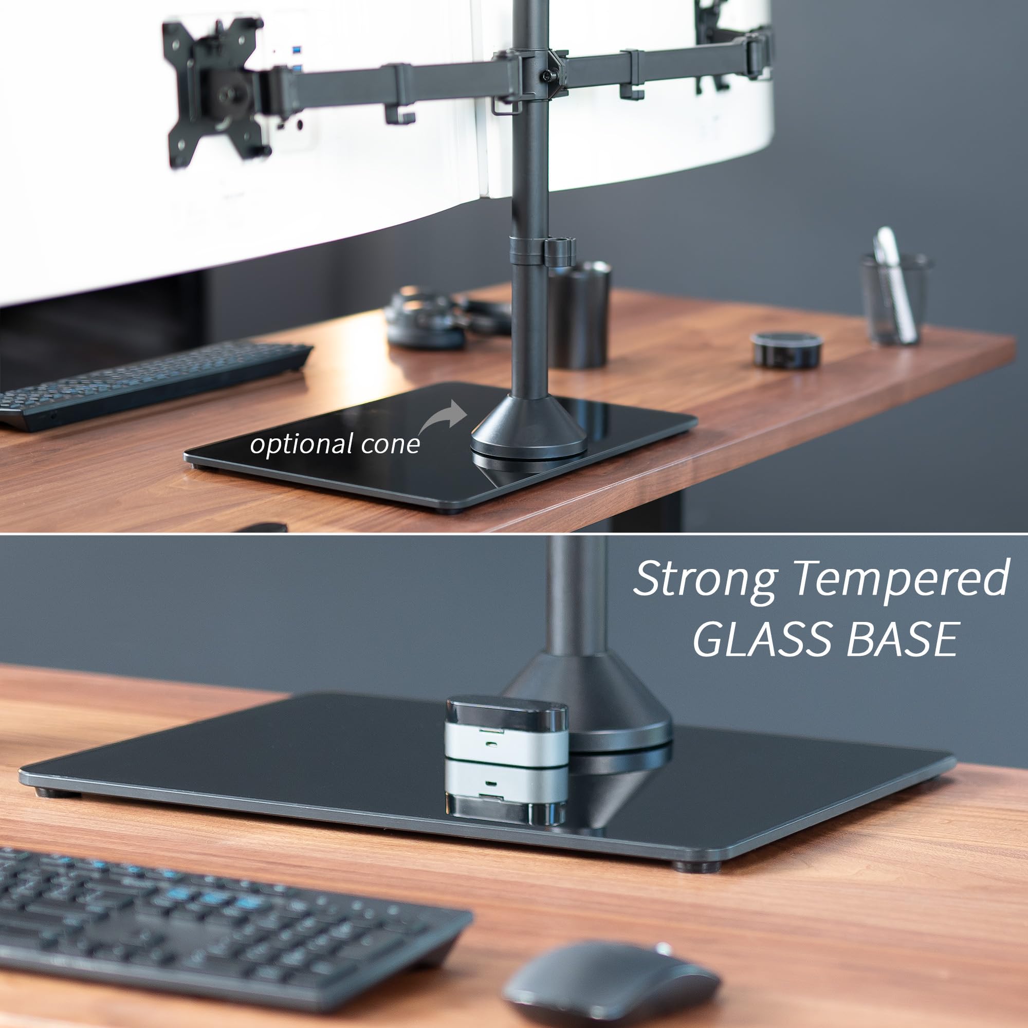 VIVO Freestanding Dual Ultrawide Monitor Stand with Sleek Glass Base and Adjustable Arms, 2 Screens up to 38 inches and 22 lbs Each, Black, STAND V038FG
