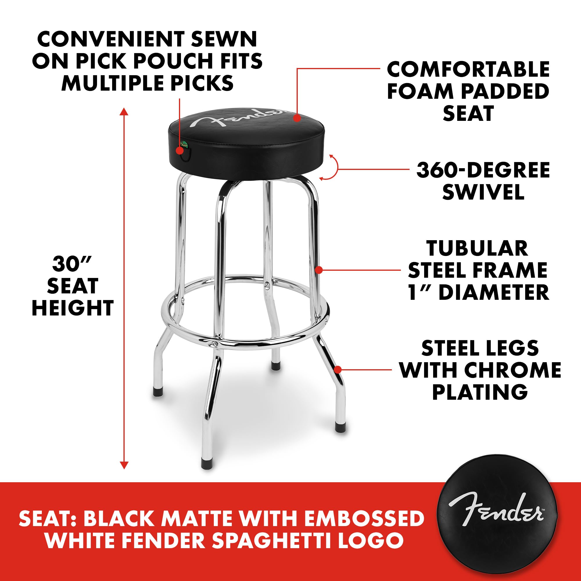 Fender Spaghetti Logo Swivel Barstool With Guitar Picks Pouch, Great Gifts For Dad, With 1 Year Limited Warranty, Simple Assembl