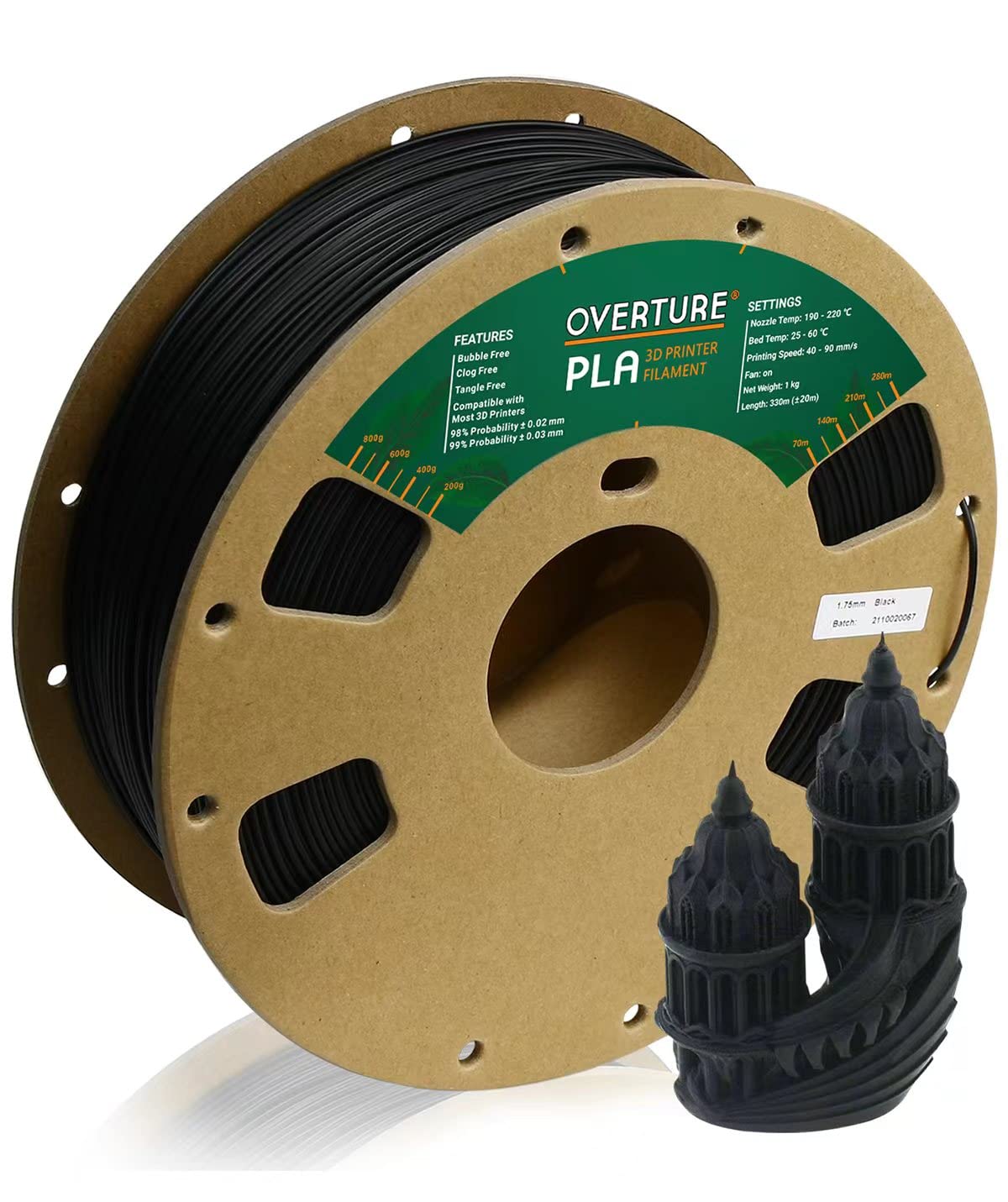 Overture Pla Filament 1.75Mm Pla 3D Printer Filament, 1Kg Cardboard Spool (2.2Lbs), Dimensional Accuracy +/  0.03Mm, Fit Most Fd
