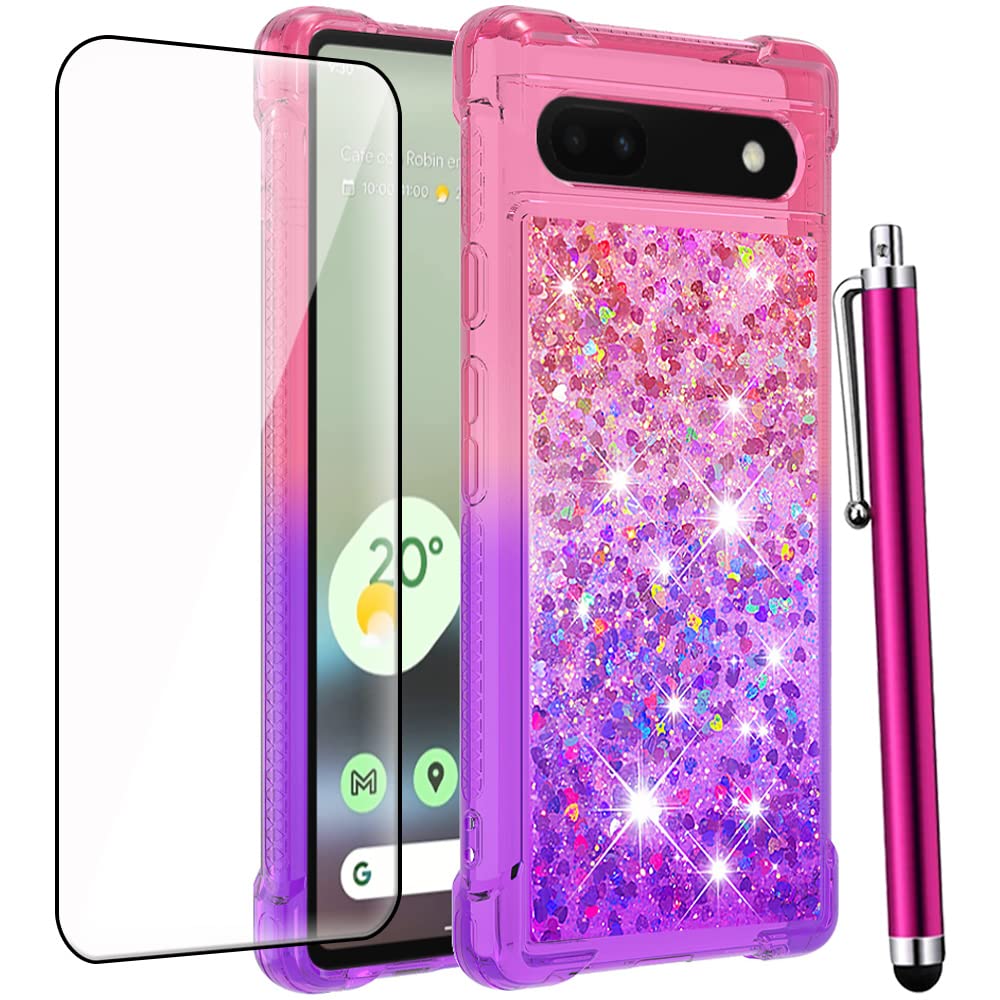 Caiyunl For Pixel 6A Case, Google Pixel 6A Case With Tempered Glass Screen Protector, Women Girls Glitter Bling Sparkle Liquid F
