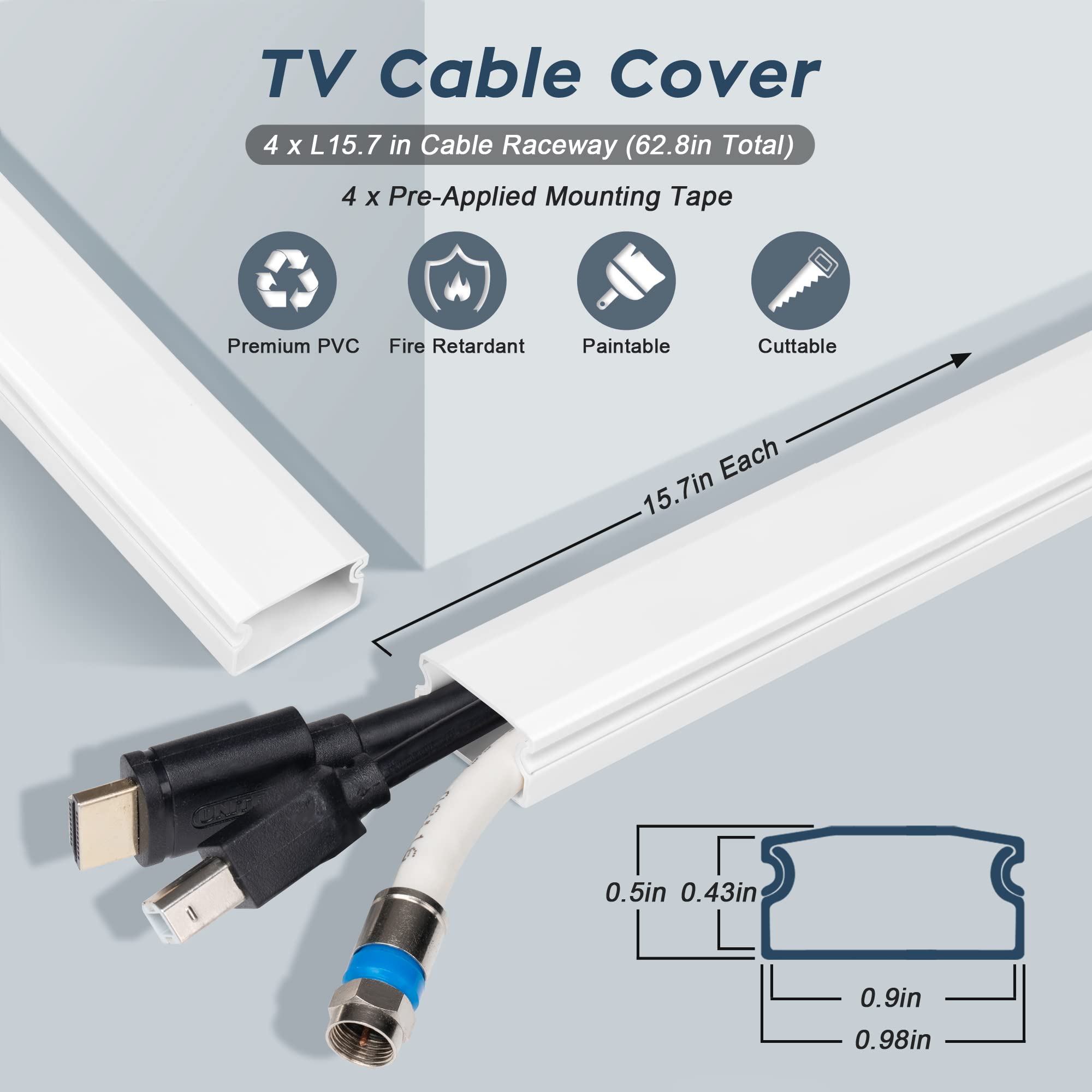 Yclyc Cable Cover Wall, 62.8In Black Wire Cover For Wall, Cord Hiders For Tv On Wall, Paintable Cord Cover Wall Kit, Hide Cords