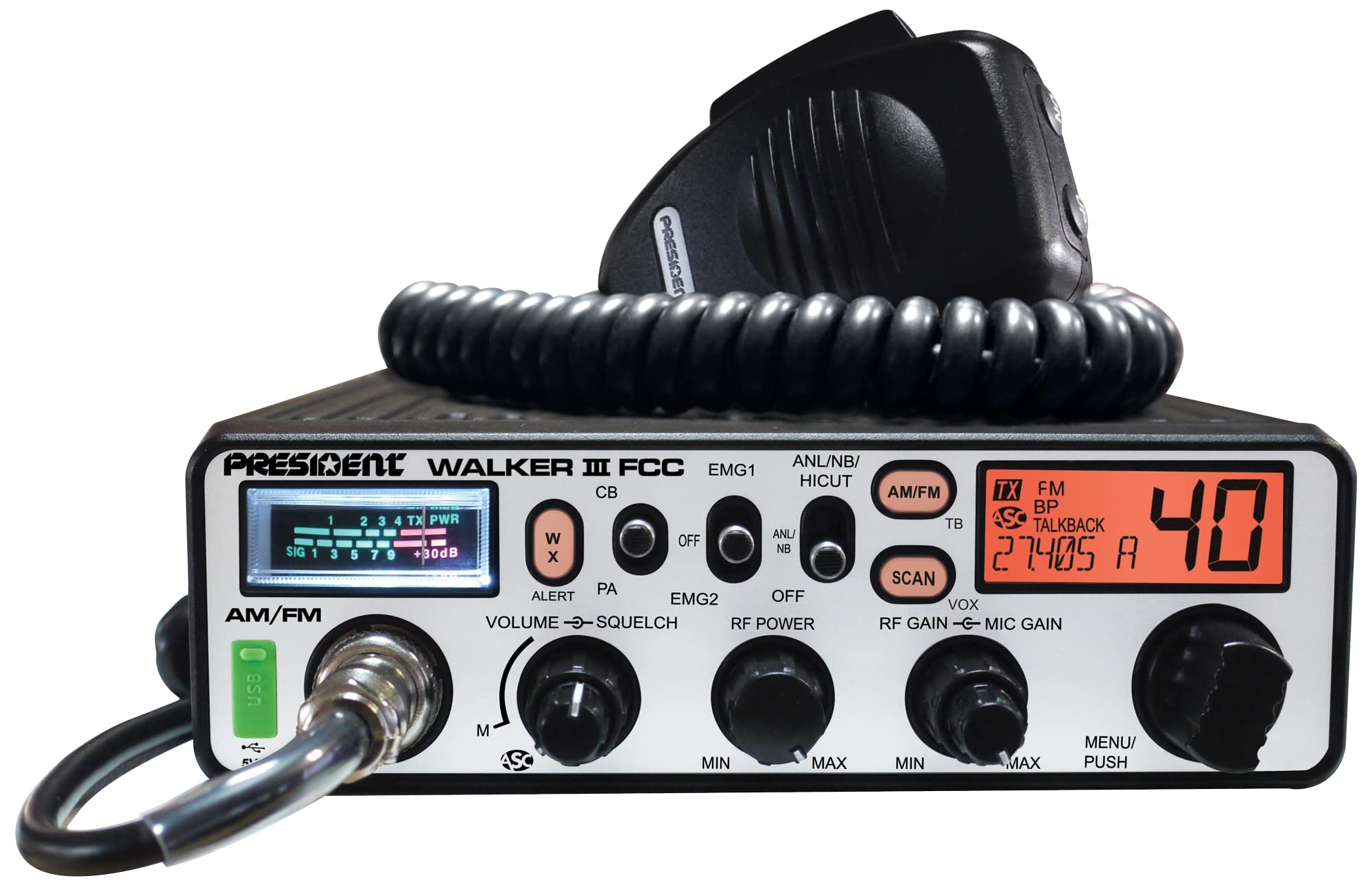 President Electronics Walker FCC CB Radio - 40 Channel Weather Alert and Auto Squelch Control Compact Radio for Truckers - Black