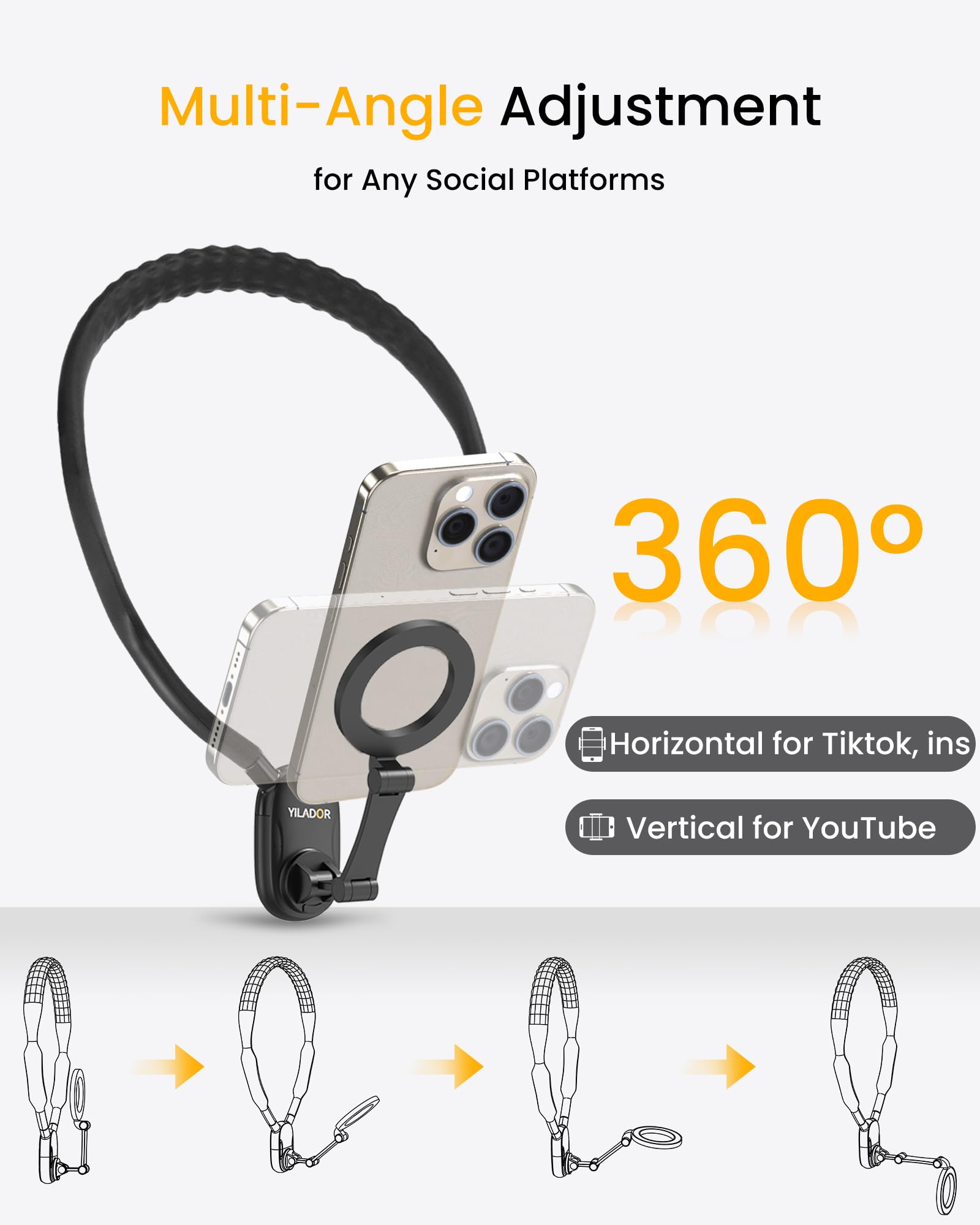 Magnetic Neck Phone Holder For Recording, Hands Free Pov/Vlog Video Filming, 4 In 1 Phone Chest Mount For Cooking/Riding/Indoor/