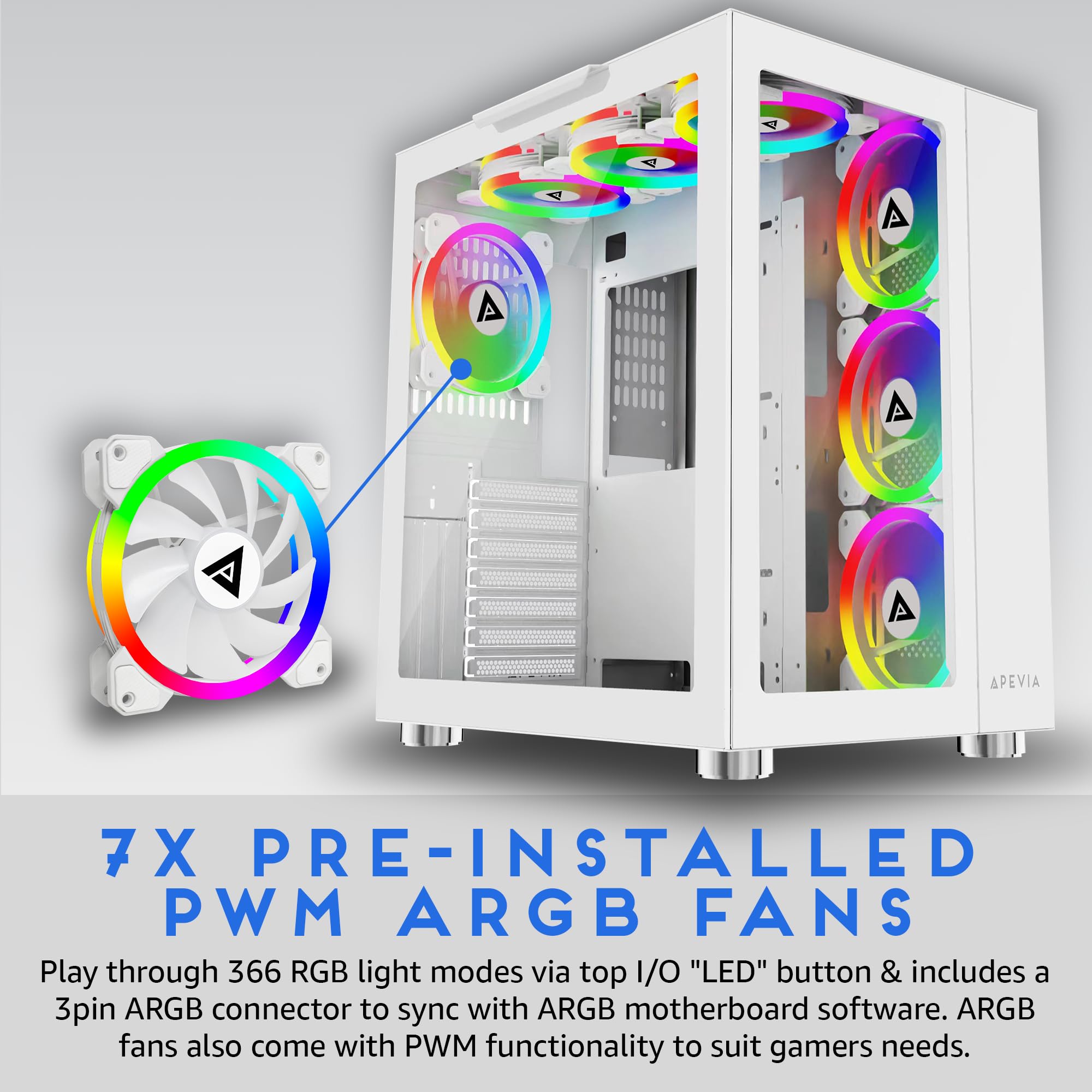 Apevia Prism Elite Wh Prism Elite Mid Tower Atx Gaming Pc Cube Case W/ 7X 120Mm Pwm Argb Fans, 366 Rgb Modes, Dual Tempered Glas