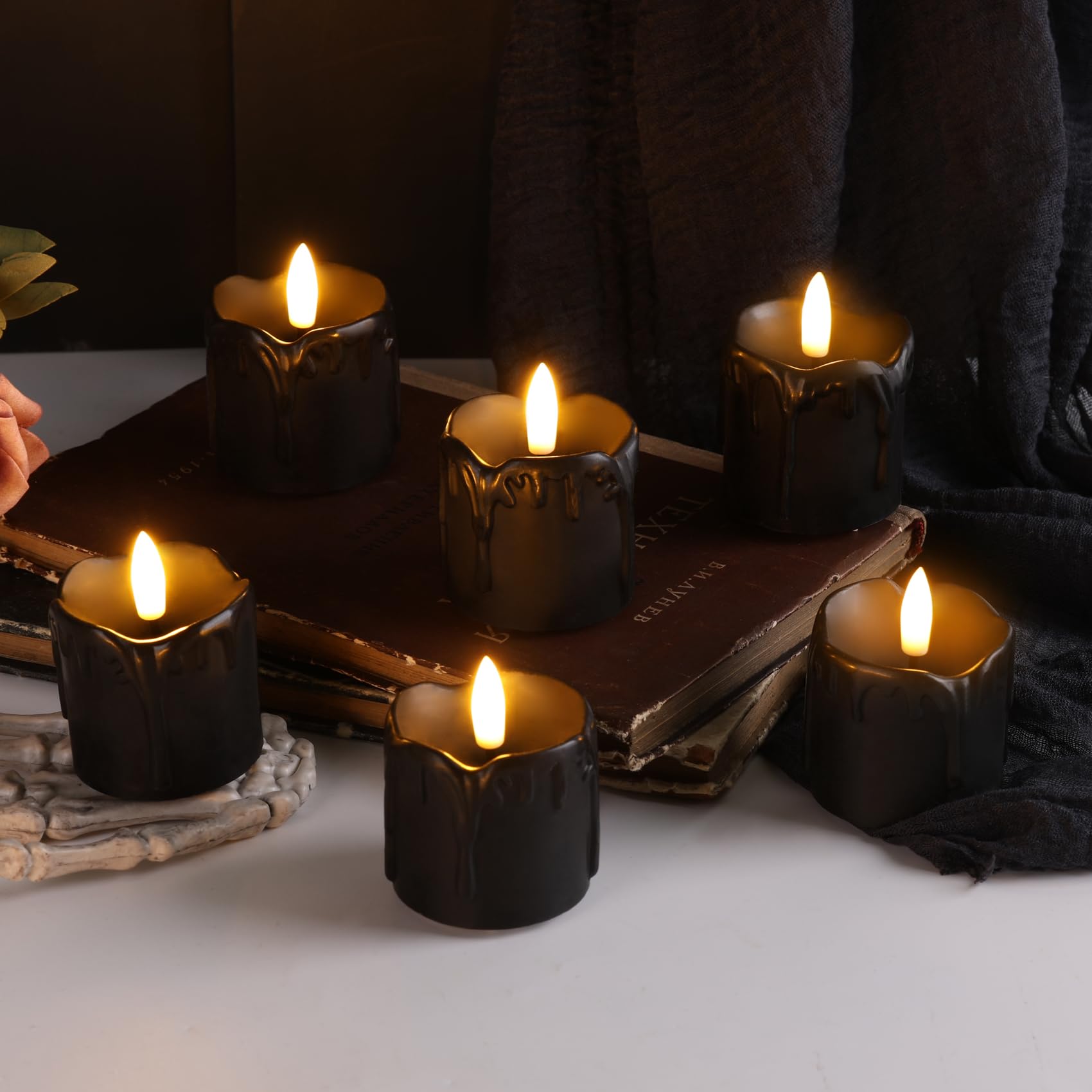 Eywamage Black Dripping Wax Halloween Flameless Candles With Timer Batteries, 2X2 In Flickering Led Votive Candles Set Of 6