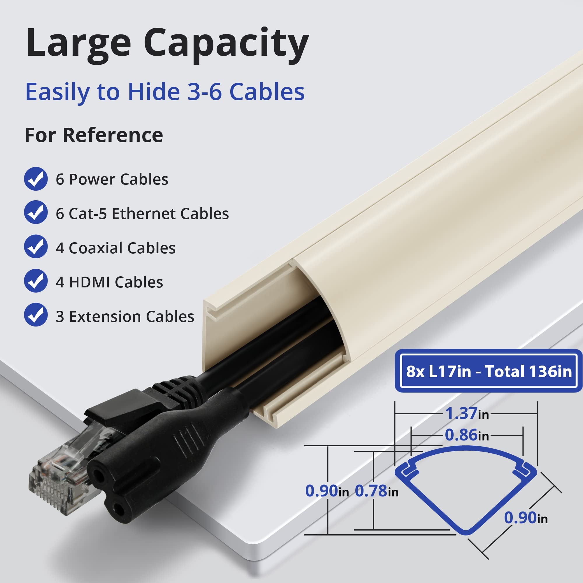 136In Corner Cable Concealer, Large Corner Cord Hider, Wire Covers For Cords, Paintable Corner Cord Cover, Cable Management Chan