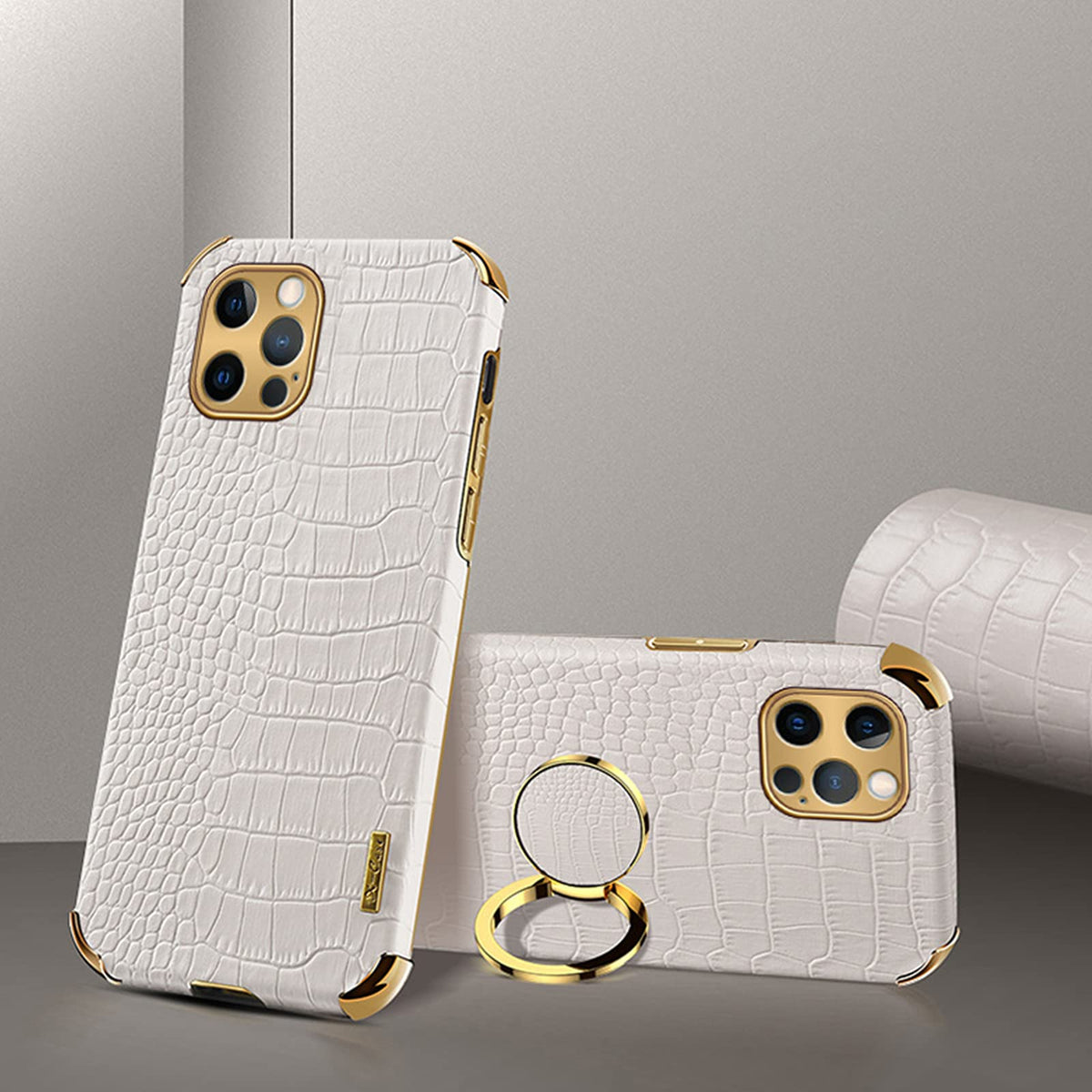 Aowner Compatible With Iphone 12 Pro Max Ring Holder Case Luxury Crocodile Cover Gold Edge 360 Degree Rotation Stand For Women G