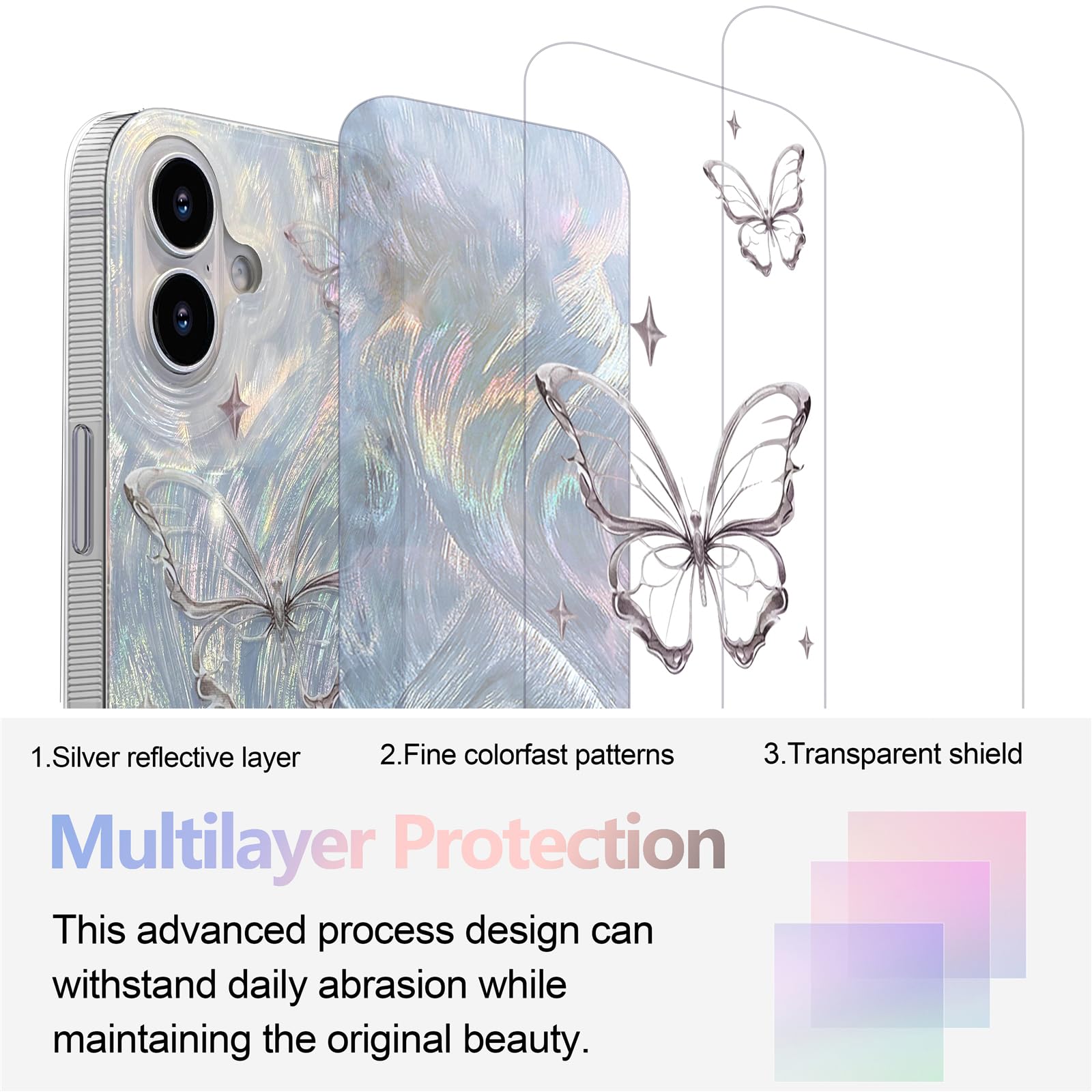 I Mgae In Ar Compact Case For Iphone 16 Shiny Silver Butterfly Design,Cute Trendy Soft Slim Tpu Shockproof Protective Phone Case