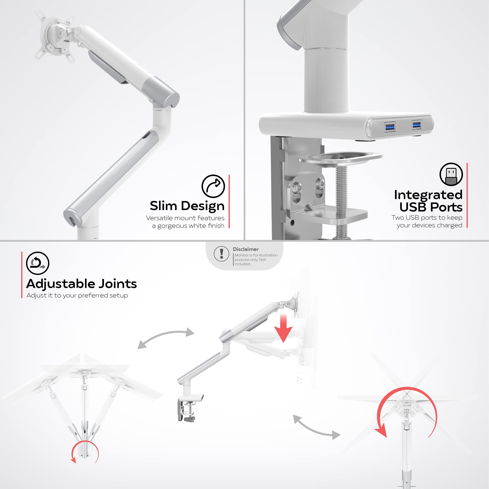 White Single Monitor Arm Mount - Cta White Monitor Mount For 23 To 35 Monitors - W/Dual Usb 3.0 Hub Ports & Arm Clamp For Desks