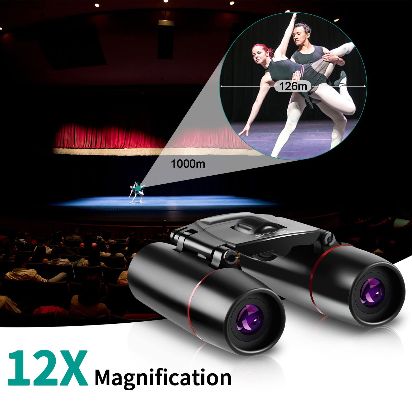 Poldr 12X25 Small Binoculars With Clear Vision, Pocket Binoculars Compact For Adults Theater Concert Opera Travel Bird Watching
