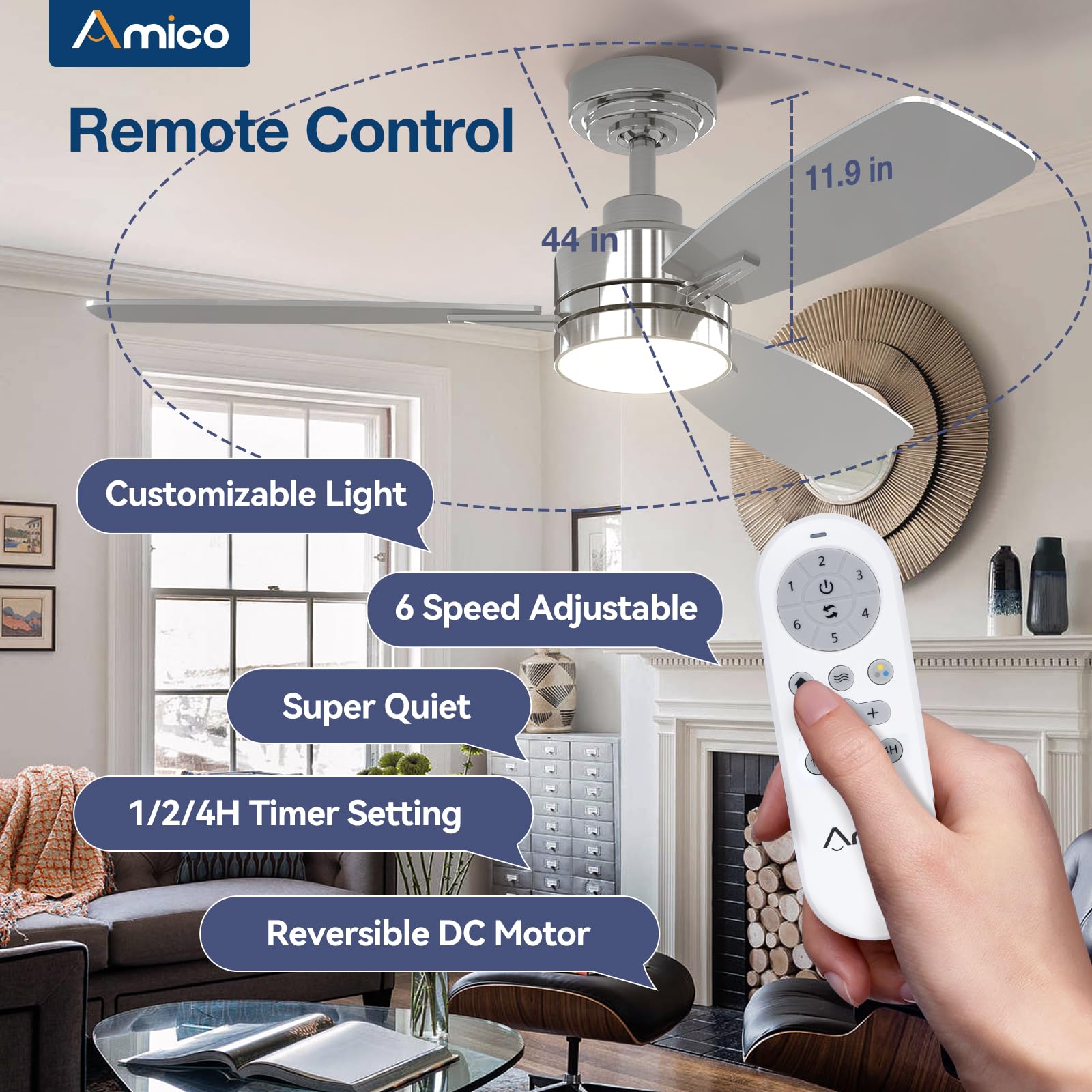 Amico Ceiling Fans With Lights, 44 Inch Nickel Ceiling Fan With Light And Remote Control, Reversible, 3Cct, Dimmable, Noiseless,