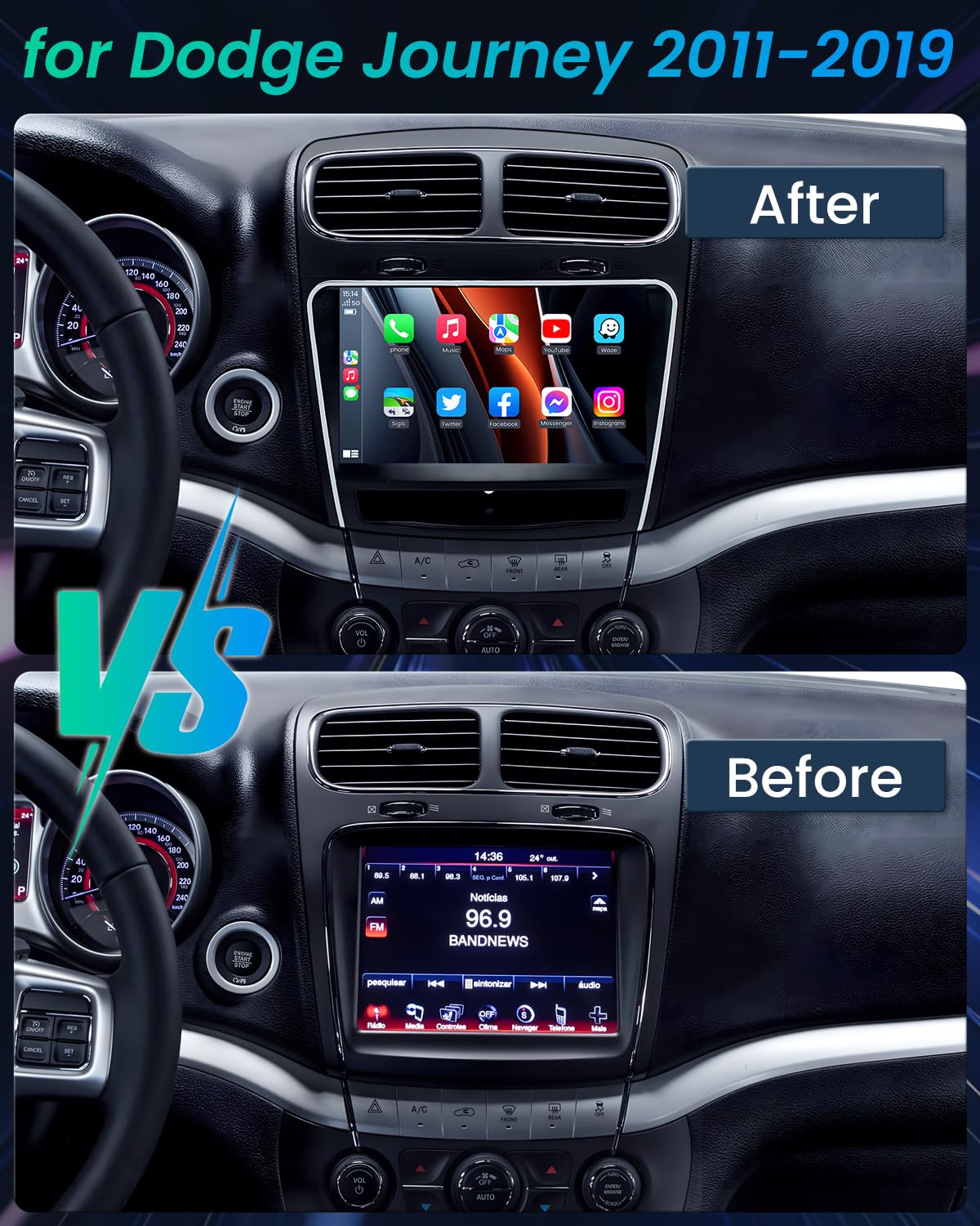 5Gwifi Android 13 Car Stereo Radio For Dodge Journey 2011 2019, 9 Inch(1280 * 800) Ips Touchscreen Head Unit, Gps/Bluetooth/Dsp/