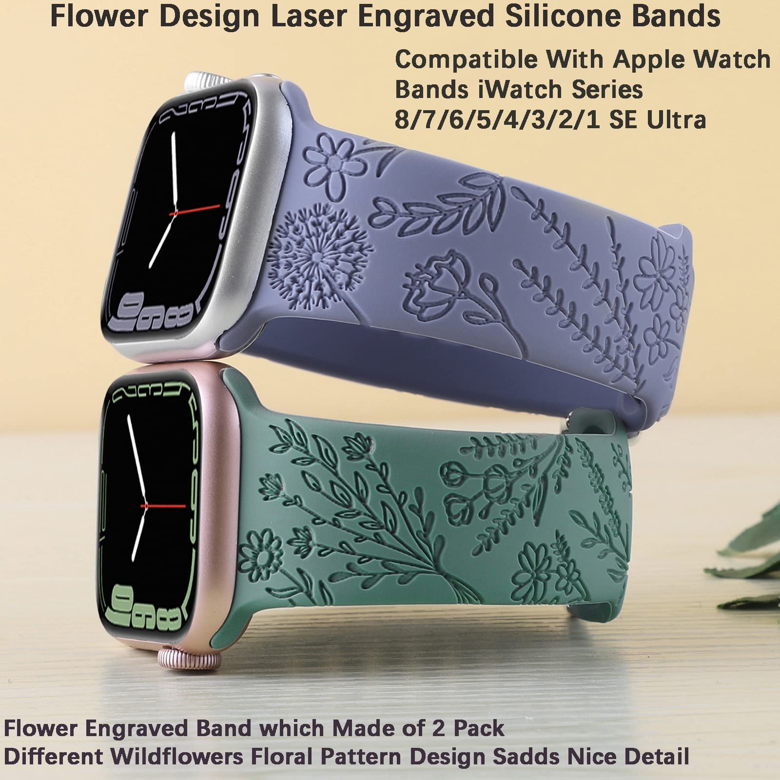 Flower Engraved Silicone Band Compatible With Apple Watch Bands 38Mm 40Mm 41Mm, Cute Women Wildflowers Floral Design Soft Sport Strap Replacement Wristbands For Iwatch Series 8 7/Se/6/5/4/3/2/1 (42/44/45Mm, Green Lavender)