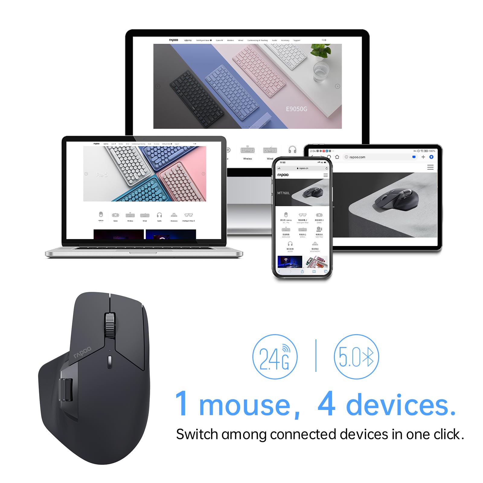 Rapoo Mt760 Multi Device Wireless Mouse, Bluetooth 5.0 And 2.4G Multi Mode Connection, Up To 4 Devices, 11 Programmable Buttons,