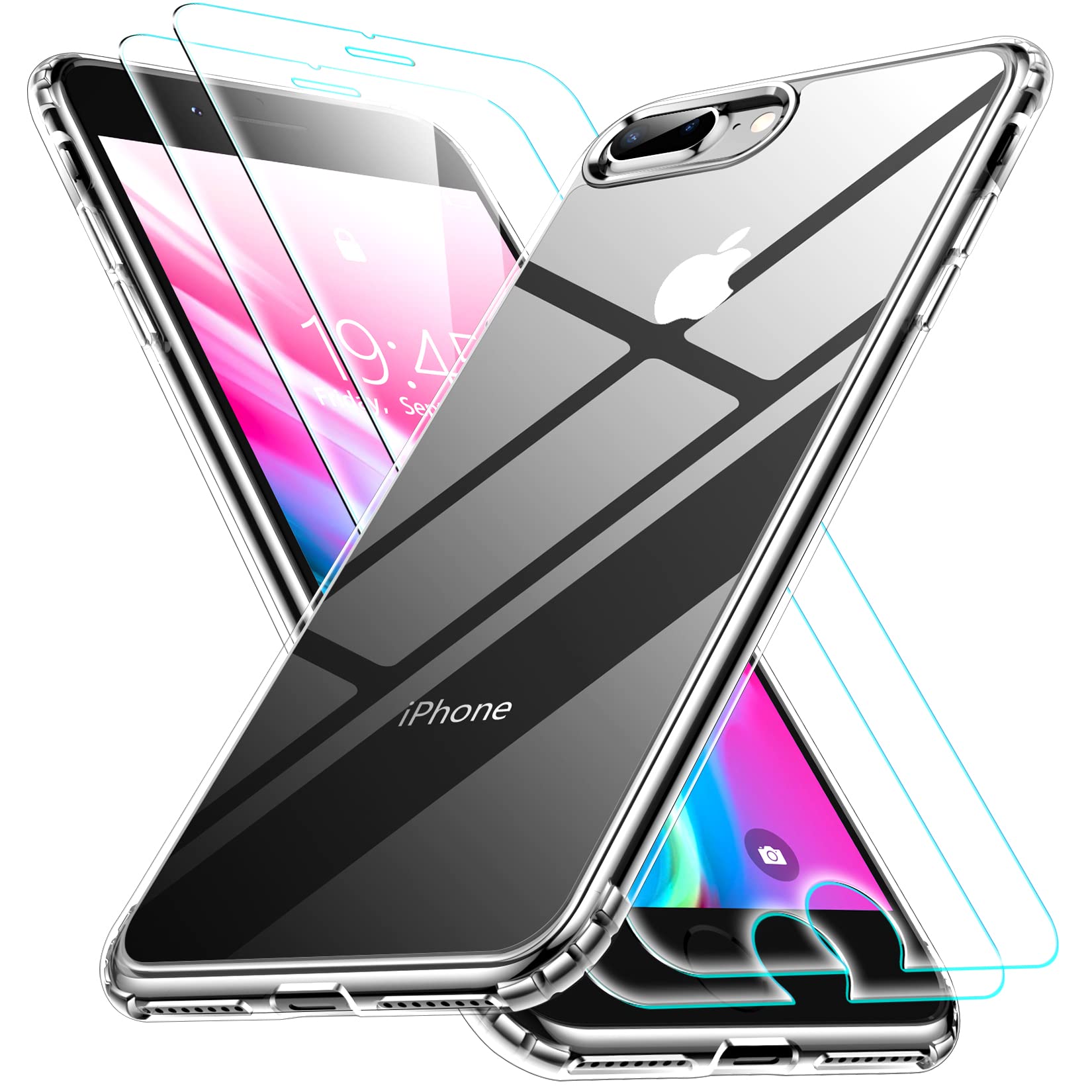 Spidercase For Iphone 7/8 Plus Case, [Crystal Clear Not Yellowing] [Military Grade Drop Protection] [2 Pcs Tempered Glass Screen