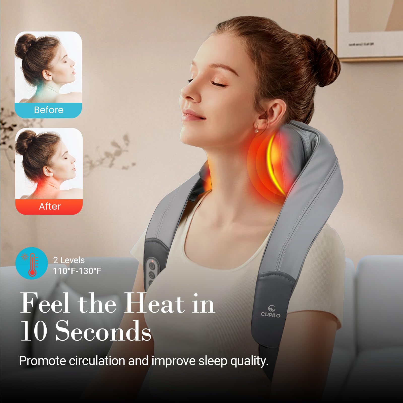 Cupilo Shiatsu Neck And Shoulder Massager With Heat   Fsa Or Hsa Eligible, Cordless 4D Deep Tissue Kneading Massager, Rechargeab