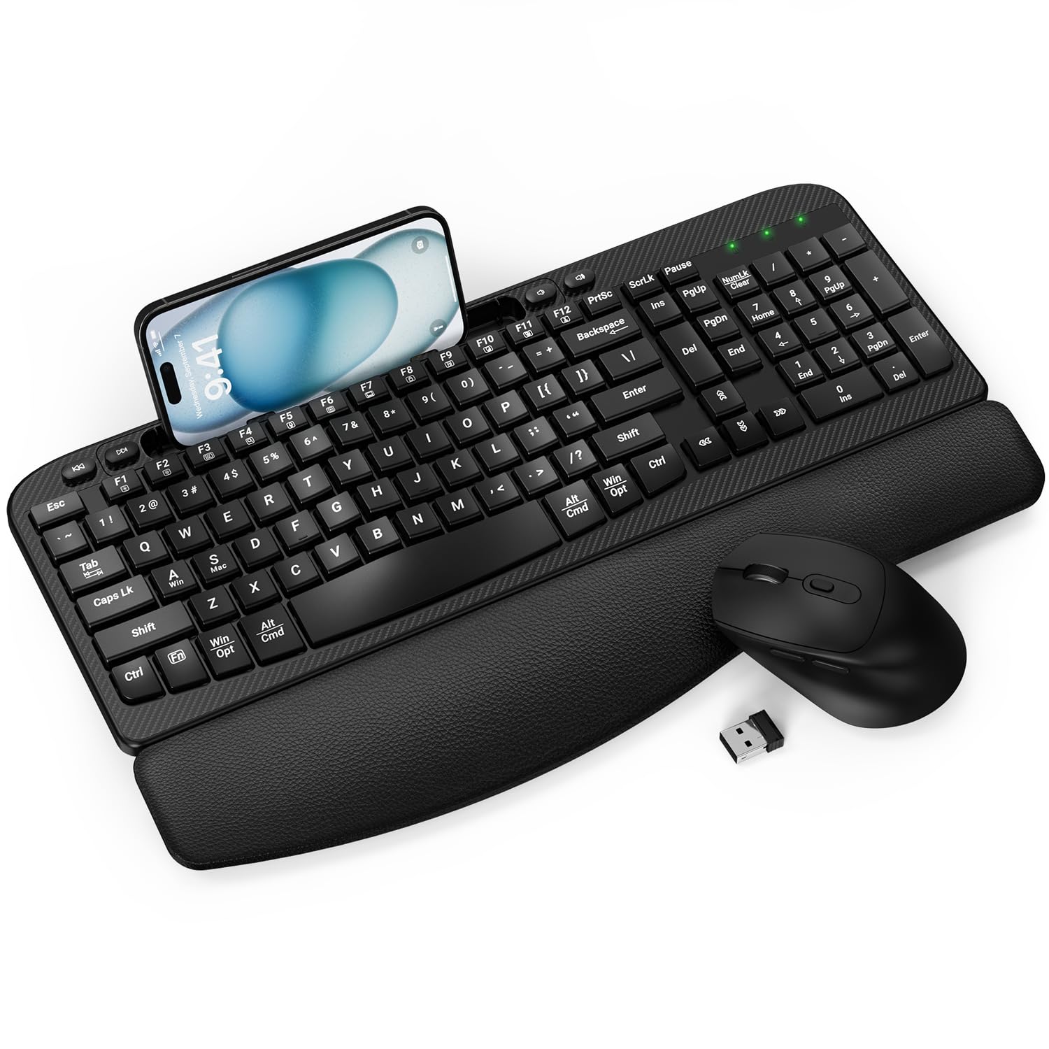 Wireless Keyboard and Mouse Combo, Wave Keys Full-Sized Ergonomic Keyboard with Cushioned Plam Rest, Phone Holder, Comfortable N