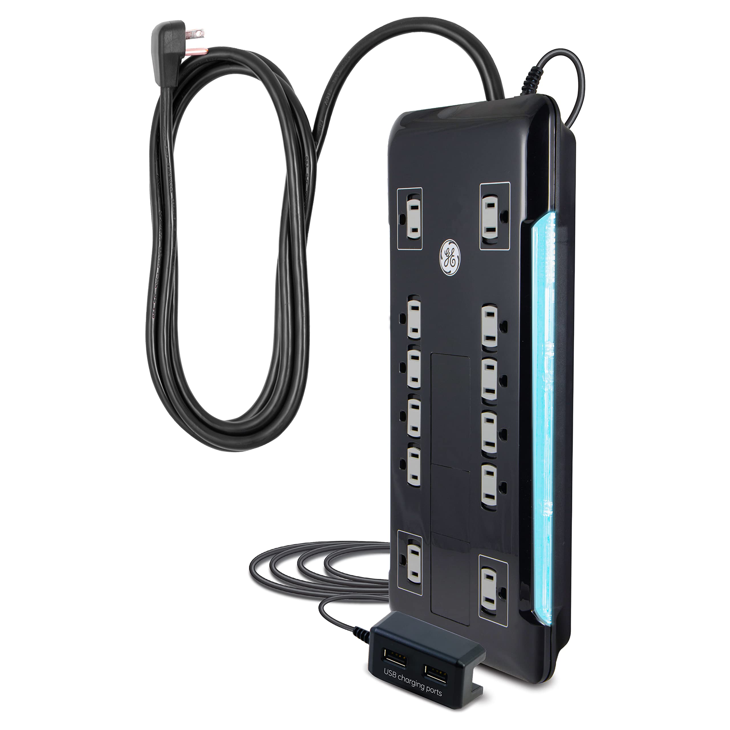 Ge Ultrapro 12 Outlet Surge Protector, Tethered 2 Usb Ports, 8 Ft Power Cord, 4320 Joules, Flat Plug, Power Filter, Circuit Brea