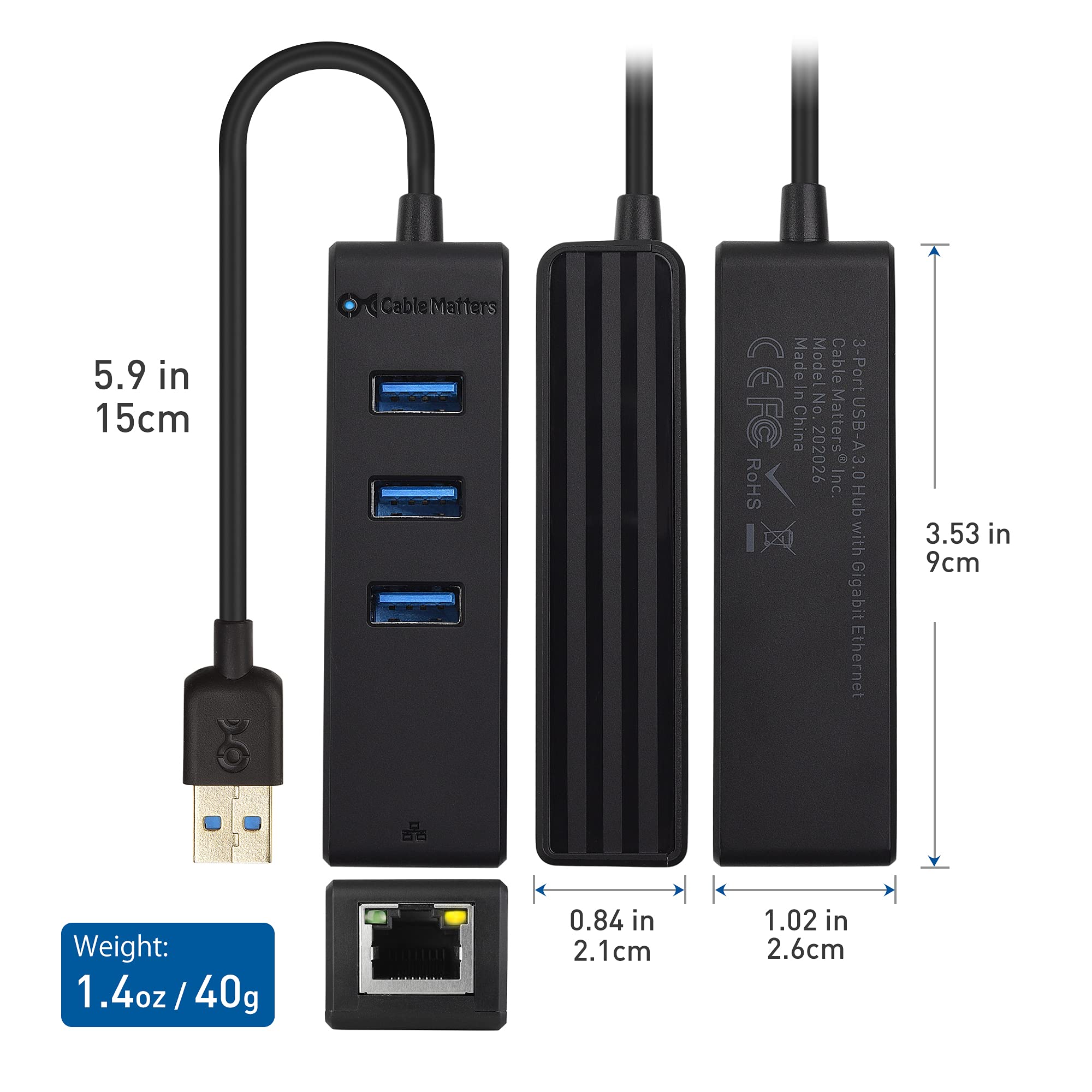 Cable Matters 4 in 1 USB Hub with Ethernet, Support Gigabit Ethernet (USB 3.0 Hub Ethernet, USB to Ethernet Adapter, Gigabit Ethernet USB Hub, USB Ethernet Hub) with 10/100/1000Mbps Network in Black