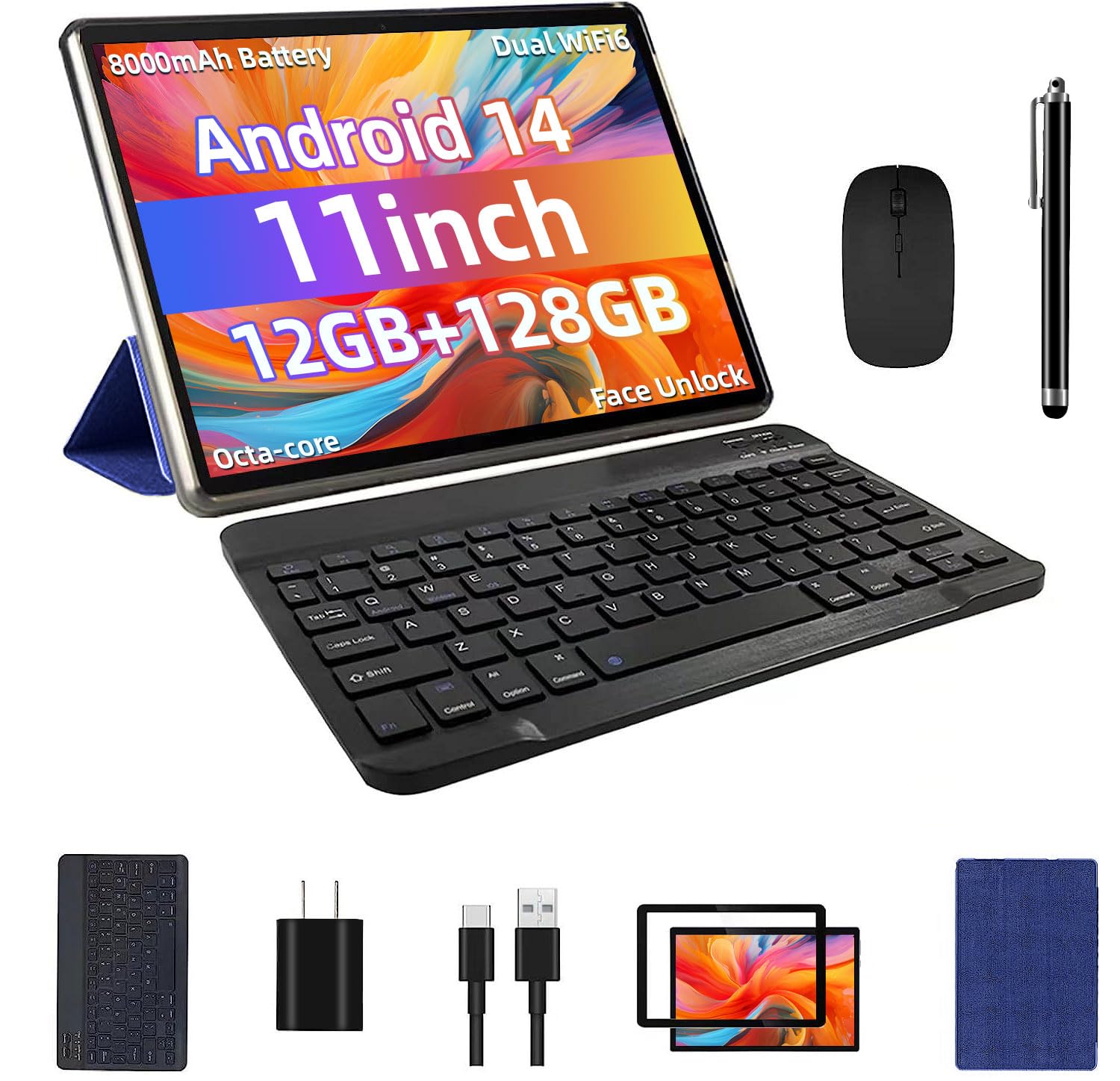 Android 14 Tablet 11Inch, Support Face Unlock, 18W Fast Charging, 12Gb+128Gb+512Gb Expand, Octa Core Cpu, 8000Mah Large Battery