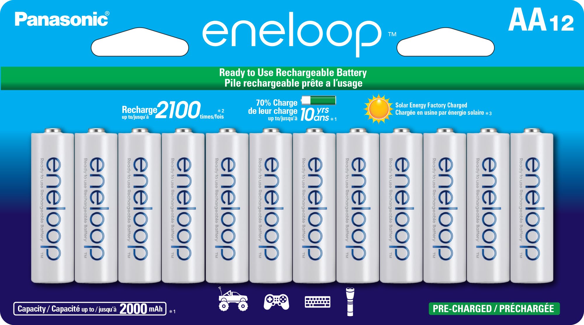 Eneloop Panasonic Bk 3Mcca12Fa Aa 2100 Cycle Ni Mh Pre Charged Rechargeable Batteries, 12 Battery Pack
