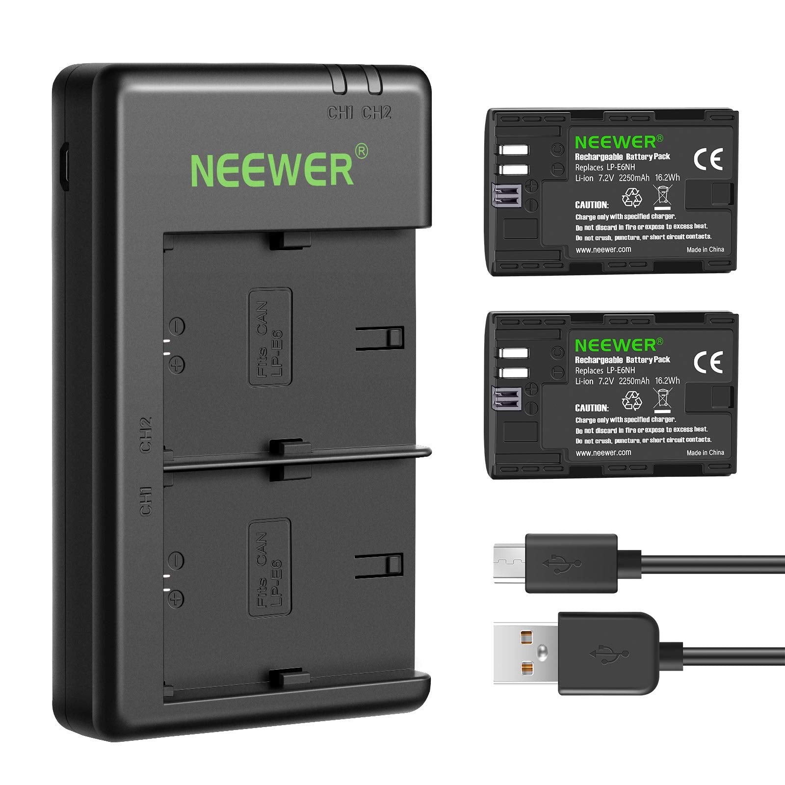 NEEWER Replacement Battery and Charger Set for LP-E6NH, Compatible with Canon EOS R7, R5, R6, 5D II, 6D, 7D, 70D, 80D, 90D, 2-Pa