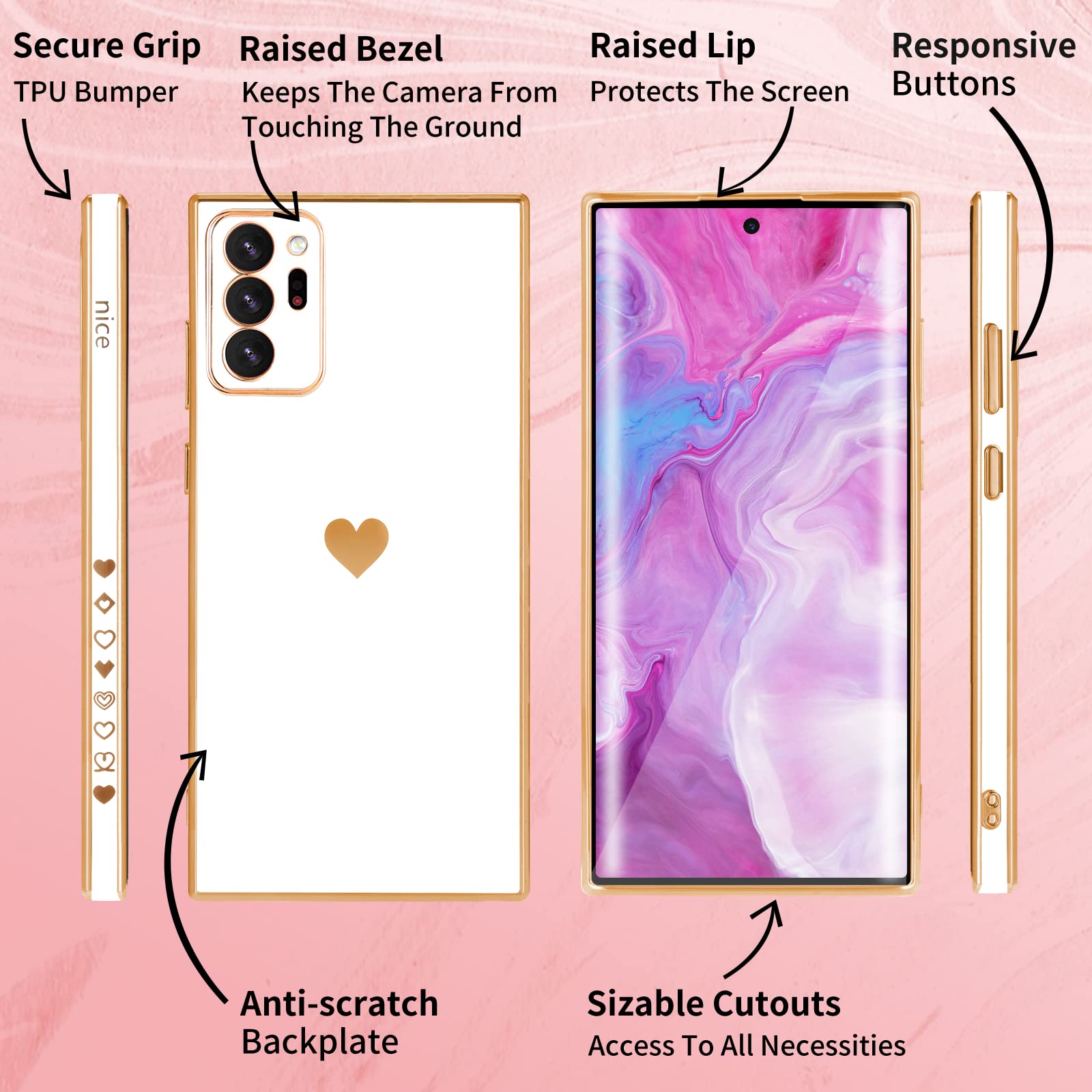 Shorogyt (3In1 Heart Case For Samsung Galaxy Note 20 Ultra 5G/4G 6.9 Inch Women Cute Aesthetic Love Hearts Pattern Girls White G