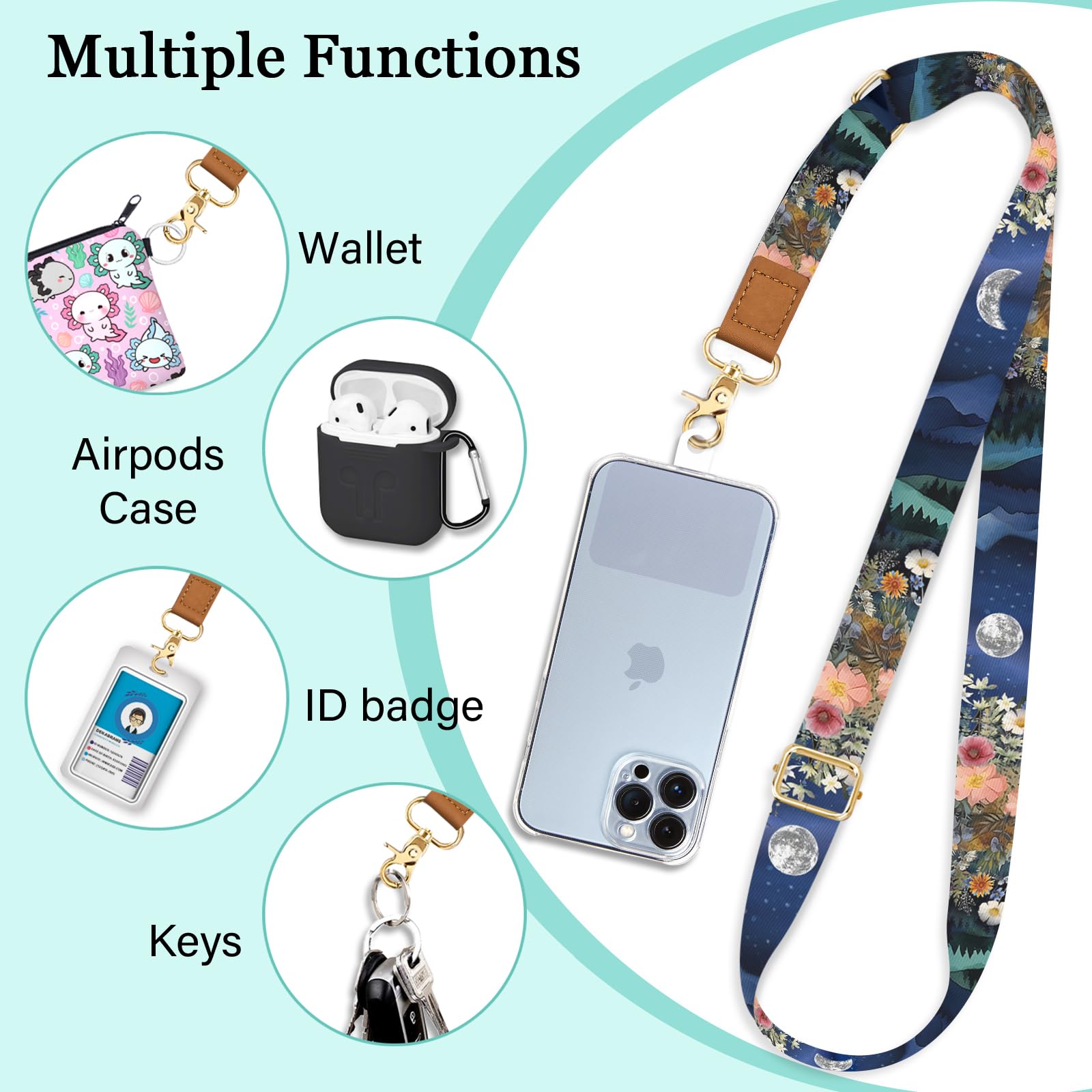 Piefly Phone Lanyard Crossbody Wrist Strap, Moon Mountain Flower Night Cell Phone Lanyards For Around The Neck Wristlet Shoulder