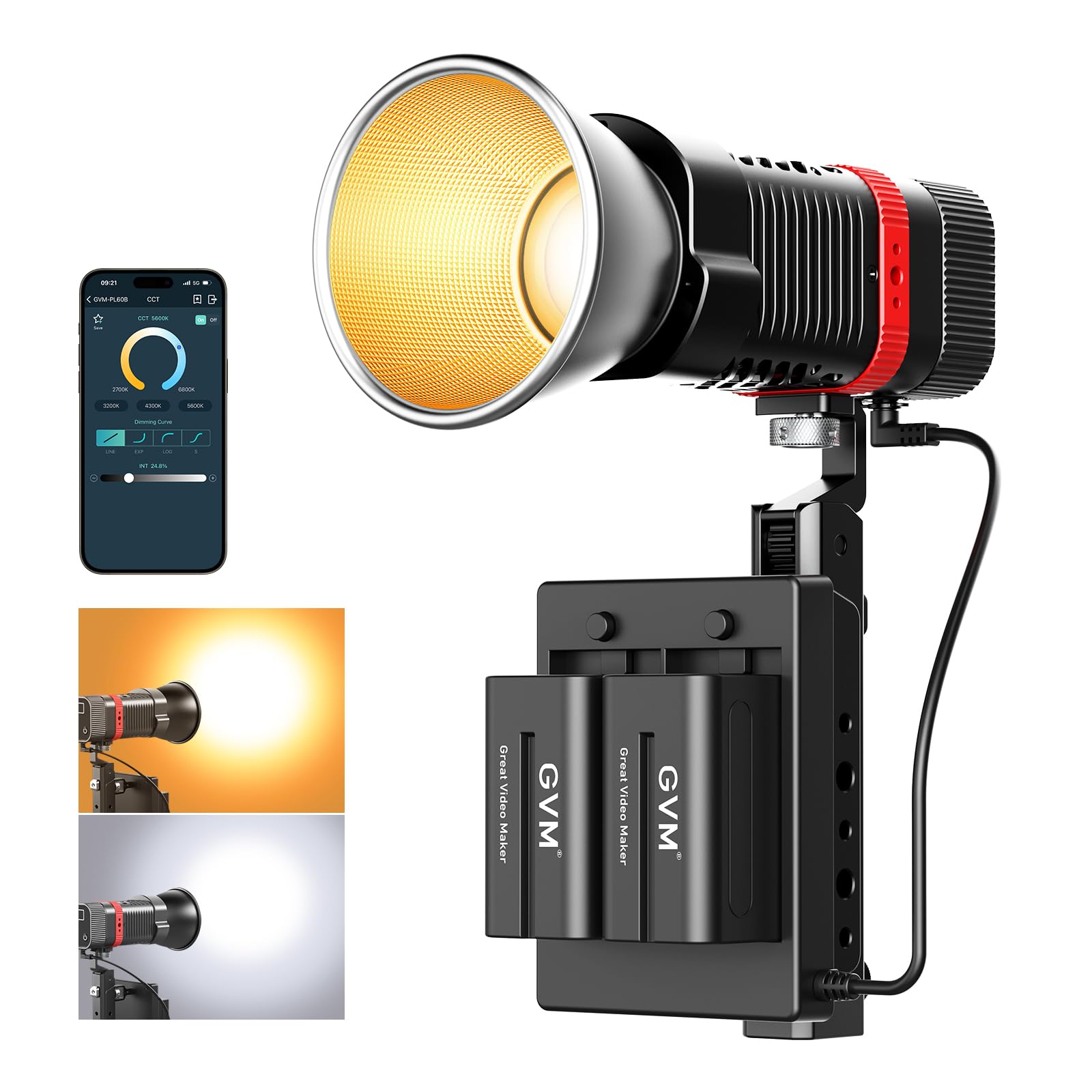 Gvm Pl60B 60W Video Light For Cob Studio Lights, Portable Photography Lighting For Recording, Handheld Led Video Lighting, 2* Ba
