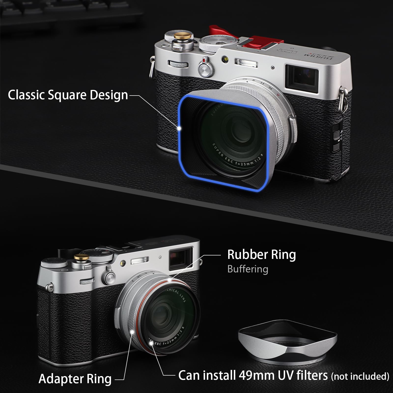 Haoge Lh X200S Square Metal Lens Hood With 49Mm Adapter Ring Metal Cap For Fujifilm X100Vi Fuji X100V X100F X100T X100S X70 Fuji Photo Camera Accessories Silver