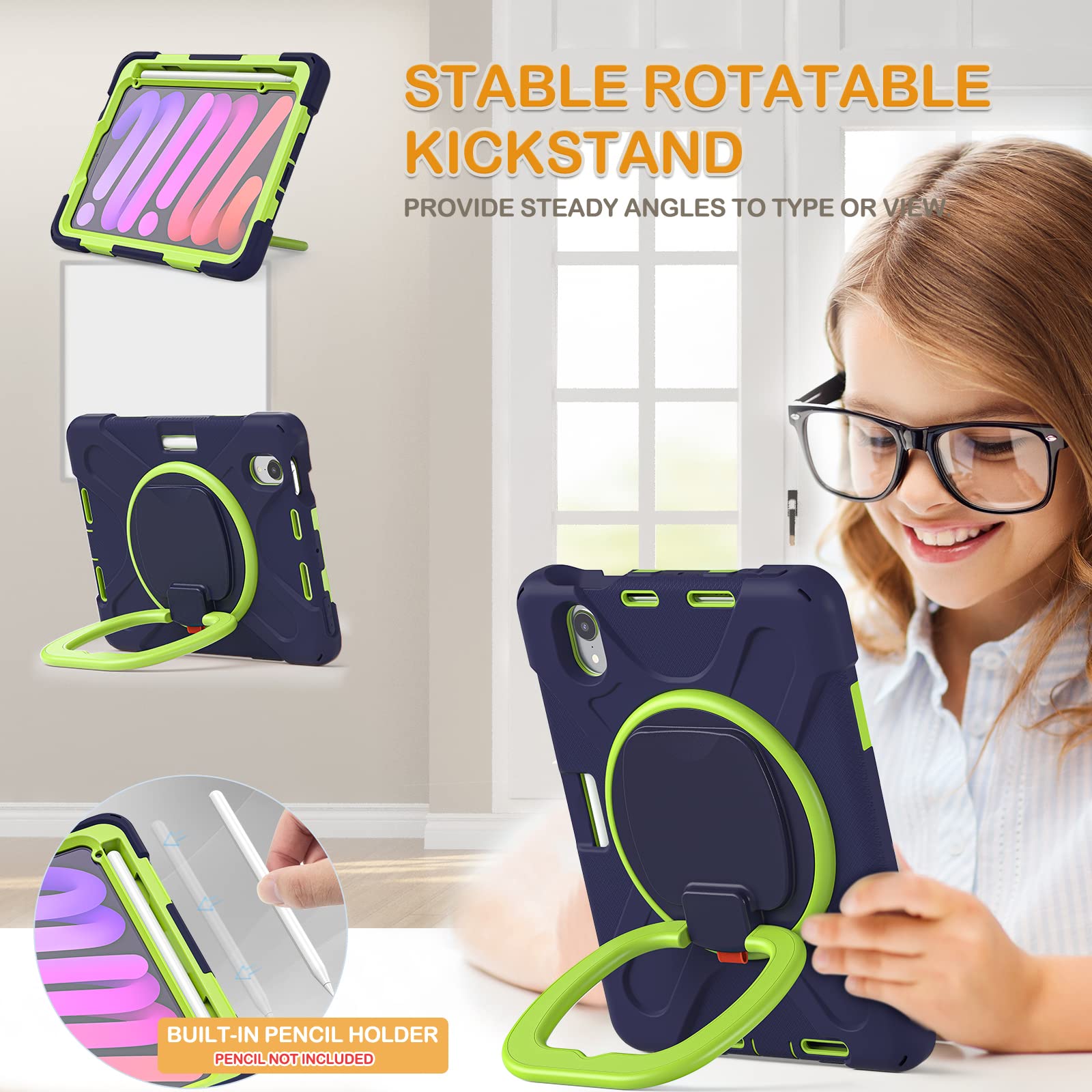 Braecn Protective Rugged Kids Case For New Ipad Mini 6Th Generation 2021 (A2567/A2568/A2569) 8.3 Inch W/Screen Protector, Pencil