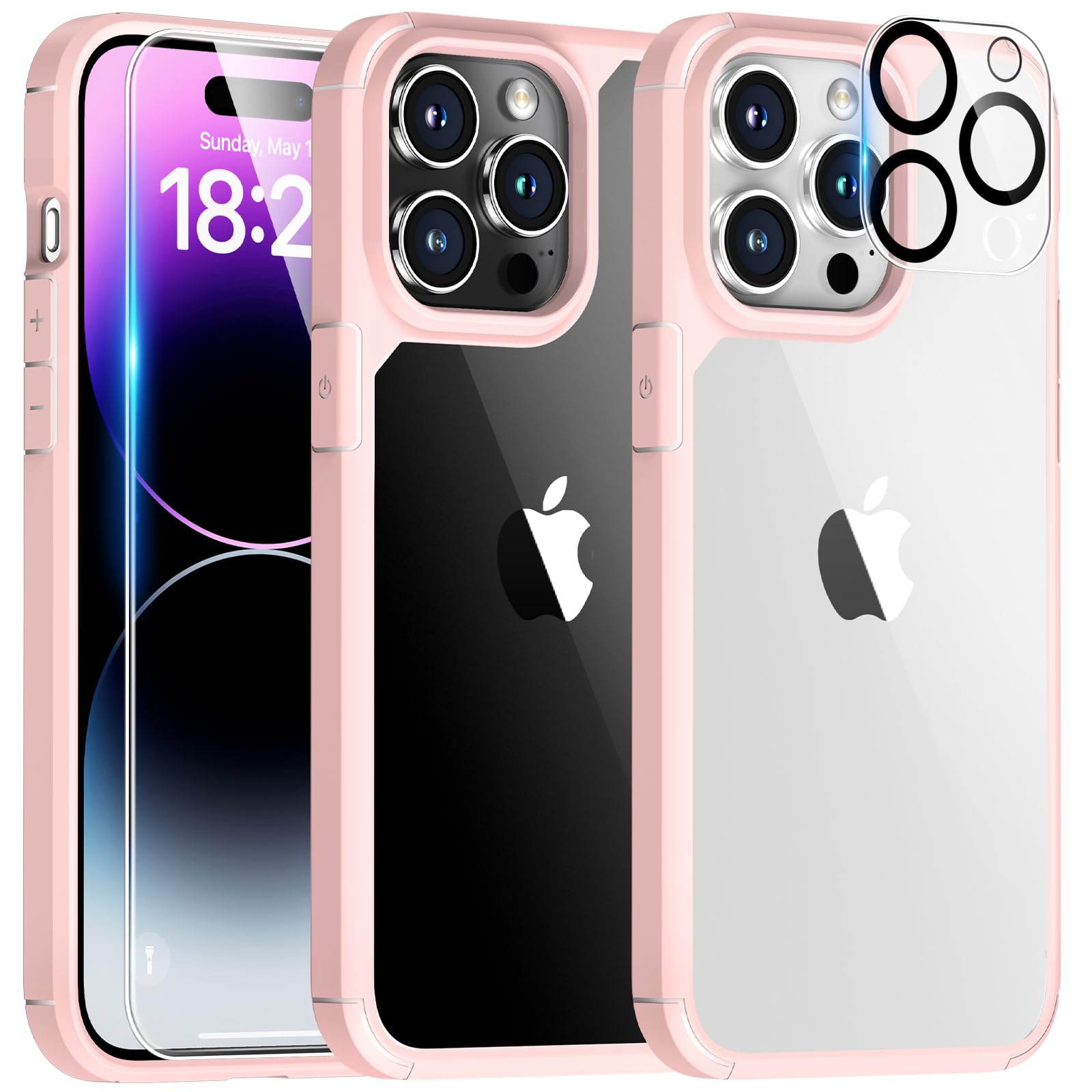 Tauri 3 In 1 For Iphone 14 Pro Max Case Pink, [Military Grade Drop Protection] With 2X Screen Protectors, Slim Shockproof Phone Case 6.7 Inch