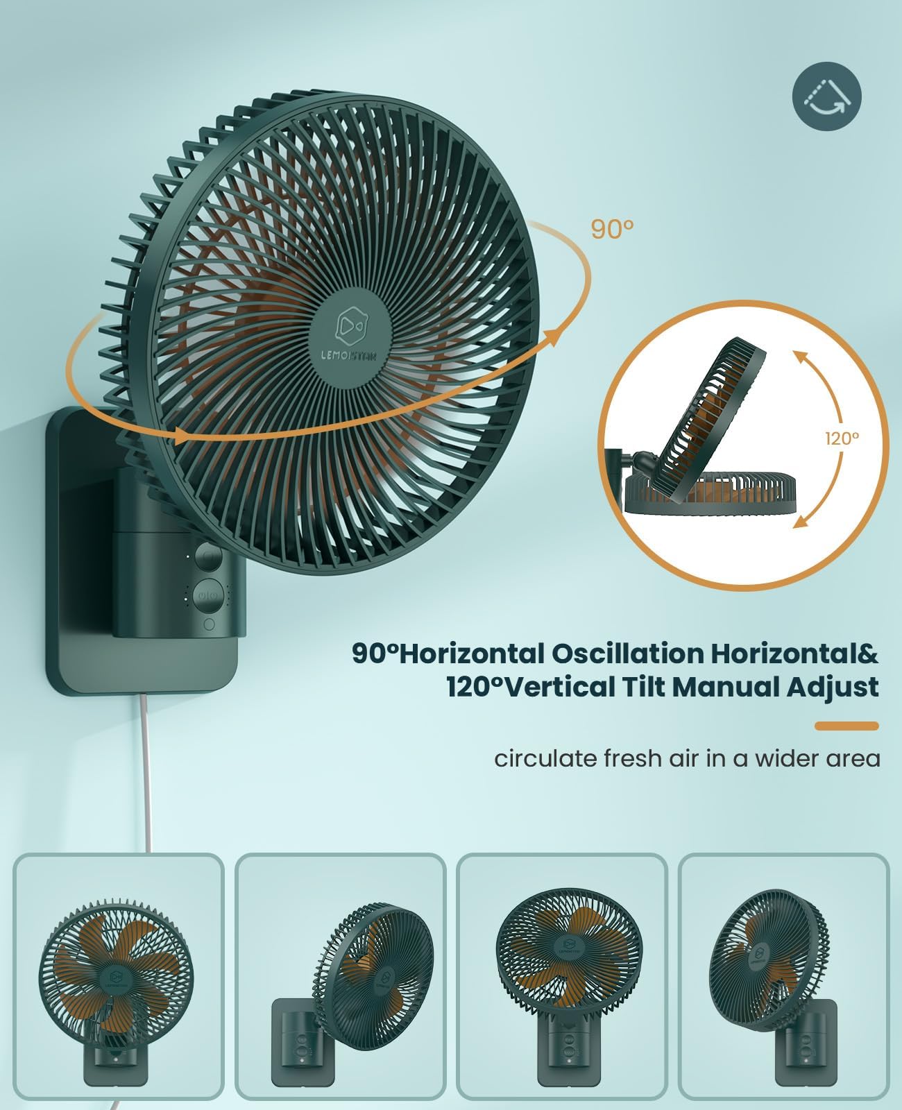 Lemoistar 8 Inch Small Wall Mounted Fan With Remote Control, 90Oscillating, 4 Speeds High Velocity, Timer, Adjustable Tilt, 70 I
