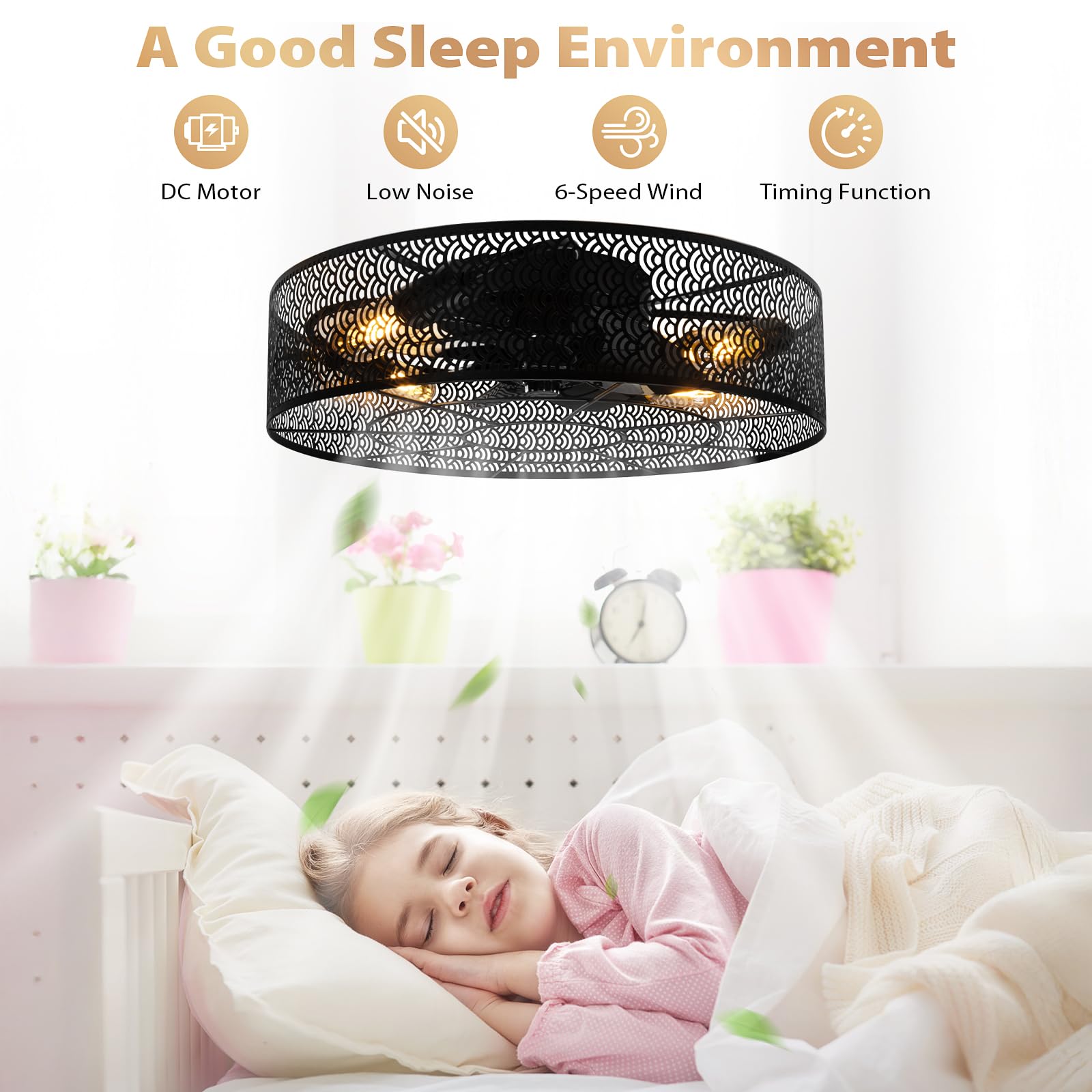 Vookea 2-In-1 Low Profile Ceiling Fan With Light, 20    Caged Metal Safety Design For Kids - 3000K, Smart App/Remote Control, Qu