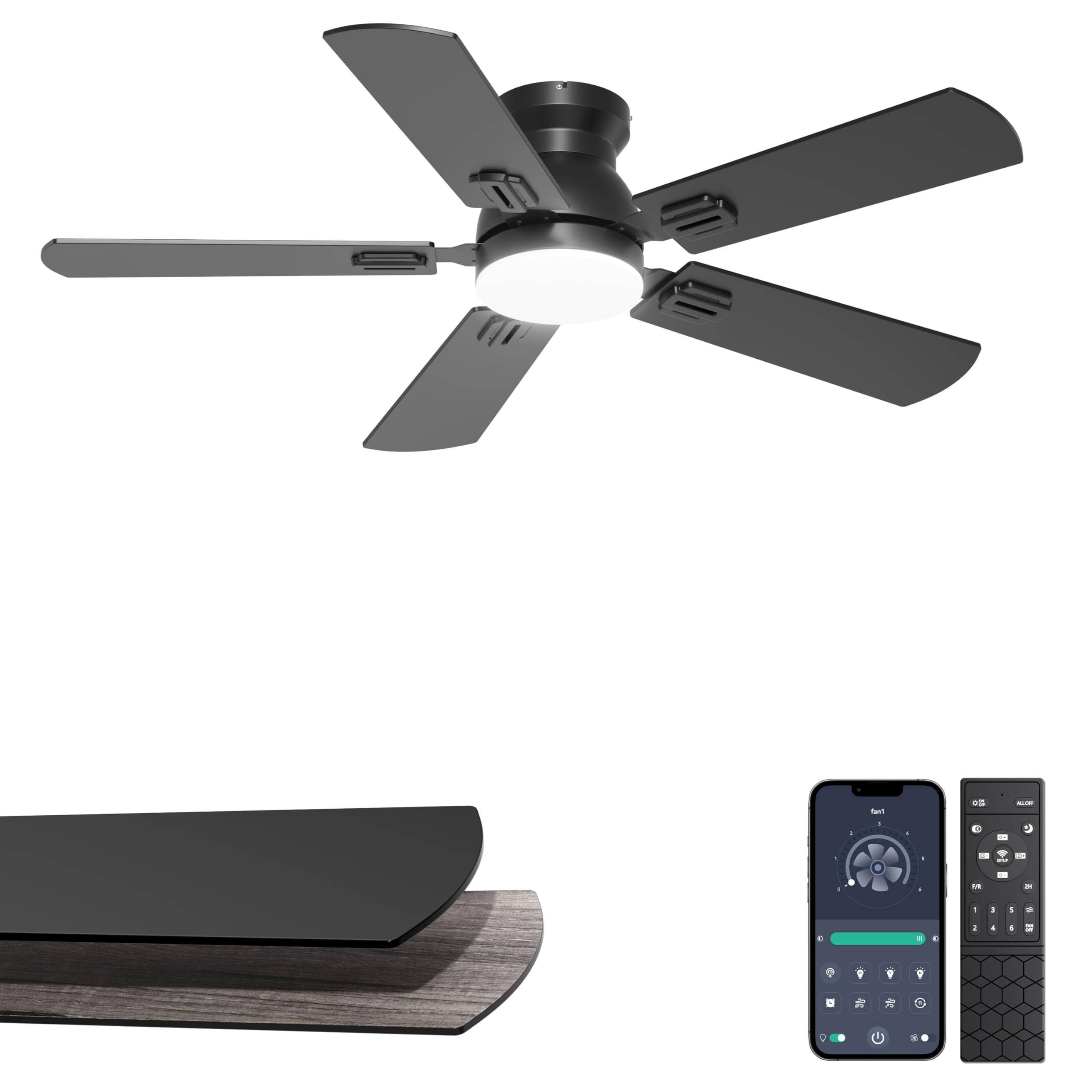 Phylluz 42 Flush Mount Ceiling Fan with Light, Small Black Low Profile Ceiling Fan for Kids Room & Home Office, Quiet DC Motor