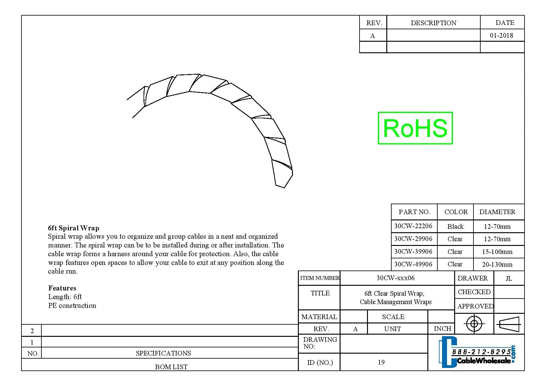 Spiral Cable Wrap, Clear, Diameter: 20Mm   130Mm, Cable Management Wraps, 6 Feet Spiral Cord Wrap, Cable Management Spiral Ties,