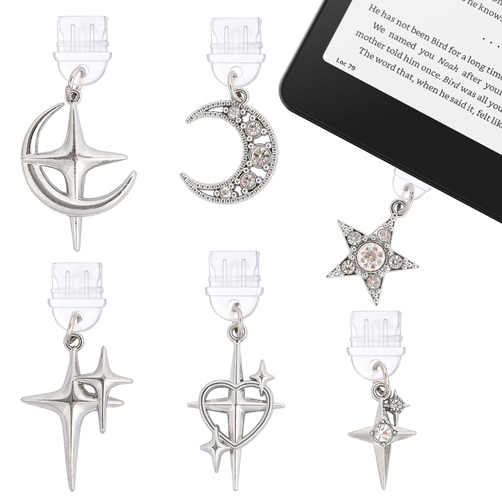 TAKEALOOKO Y2K Silver Dust Plug Charms - 6 Pack Goth Stars Pendants Compatible with Kindle & Phone, Type C/USB-C Charging Port P