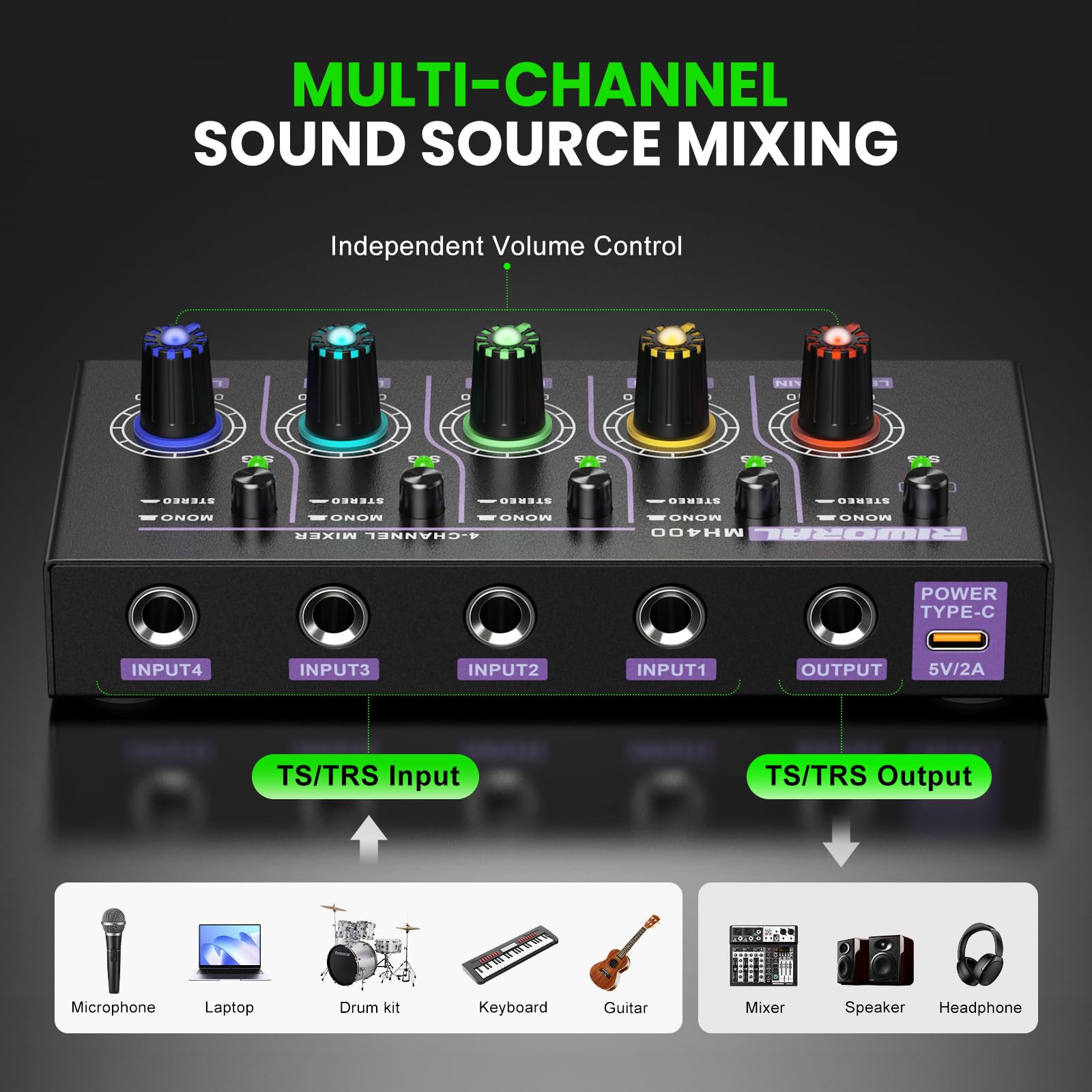 Mini Audio Stereo Mixer 4 Channel 1/4 Inch Tsr/Ts Audio Input Jack For Line Mixer Stereo/Mono Cutovers Compatible With Mic, Guit