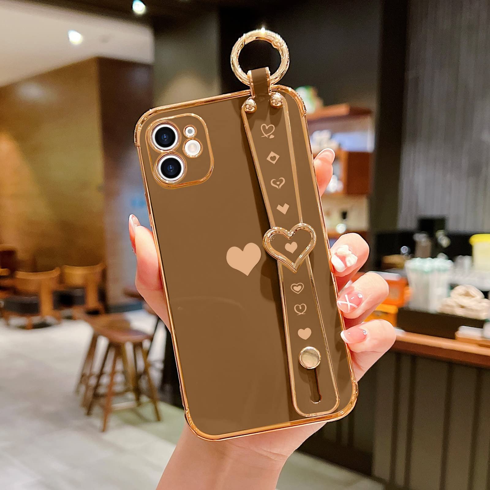 Llz.Coque For Iphone 11 Case Cute Love Heart Plating Wristband Phone Cover For Women Girls Bling Soft Silicone Camera Lens Prote