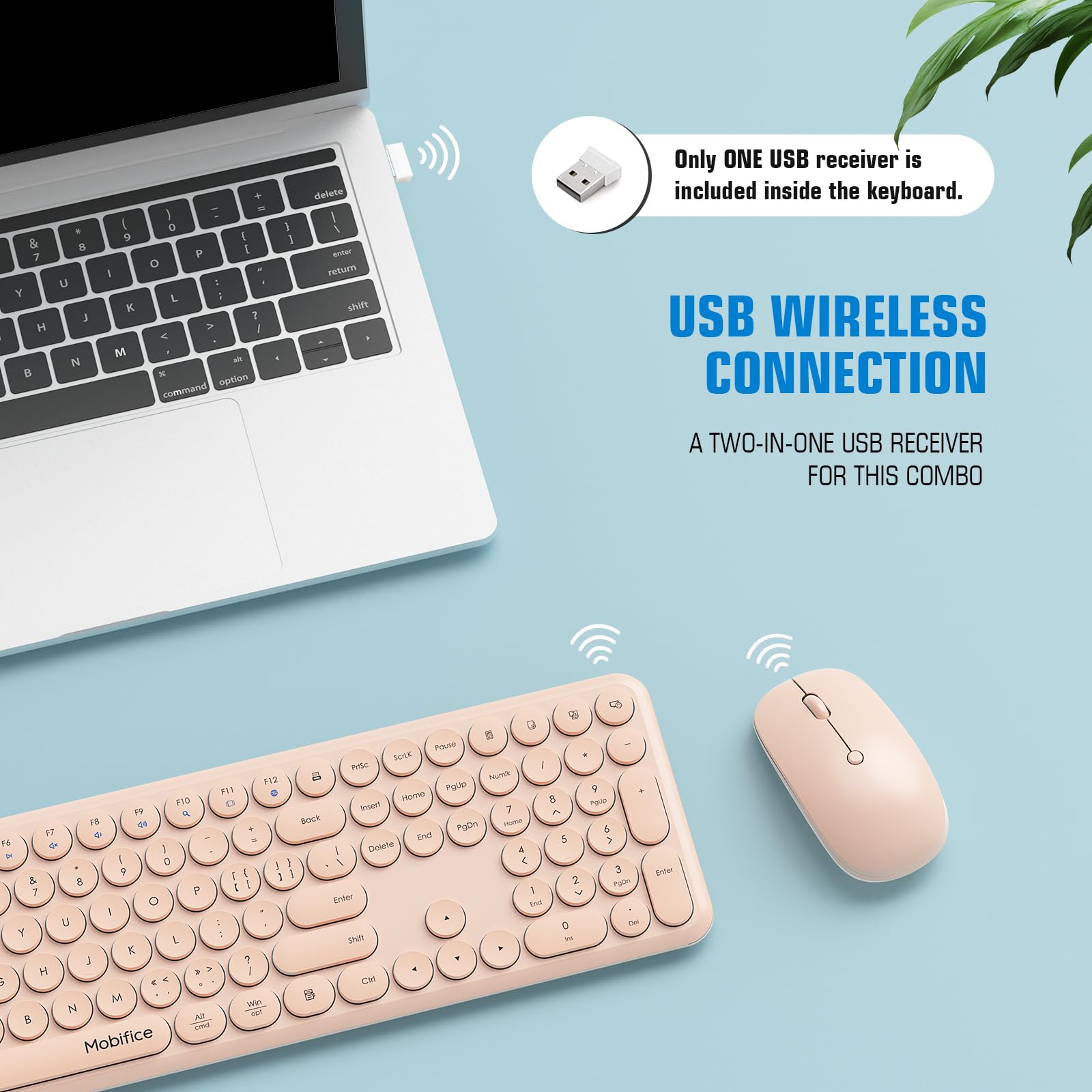 Mobifice Cute Wireless Keyboard Mouse Combo,Pink 2.4G Cordless Full Sized Computer Keyboard And Mouse Set With Colorful Retro Ro