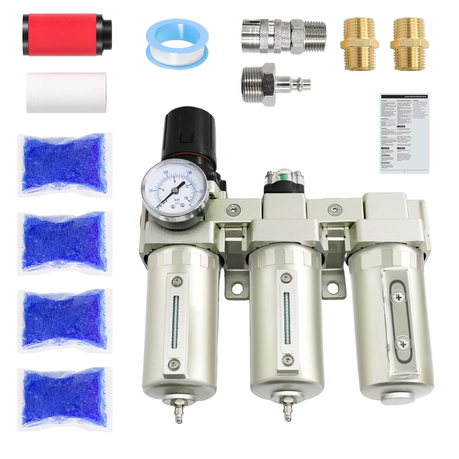 1/2'' Npt Industrial Grade 3 Stage Air-Dryer-For-Compressor, Manual Drain Air-Compressor-Water-Separator-System Filter Oil For P