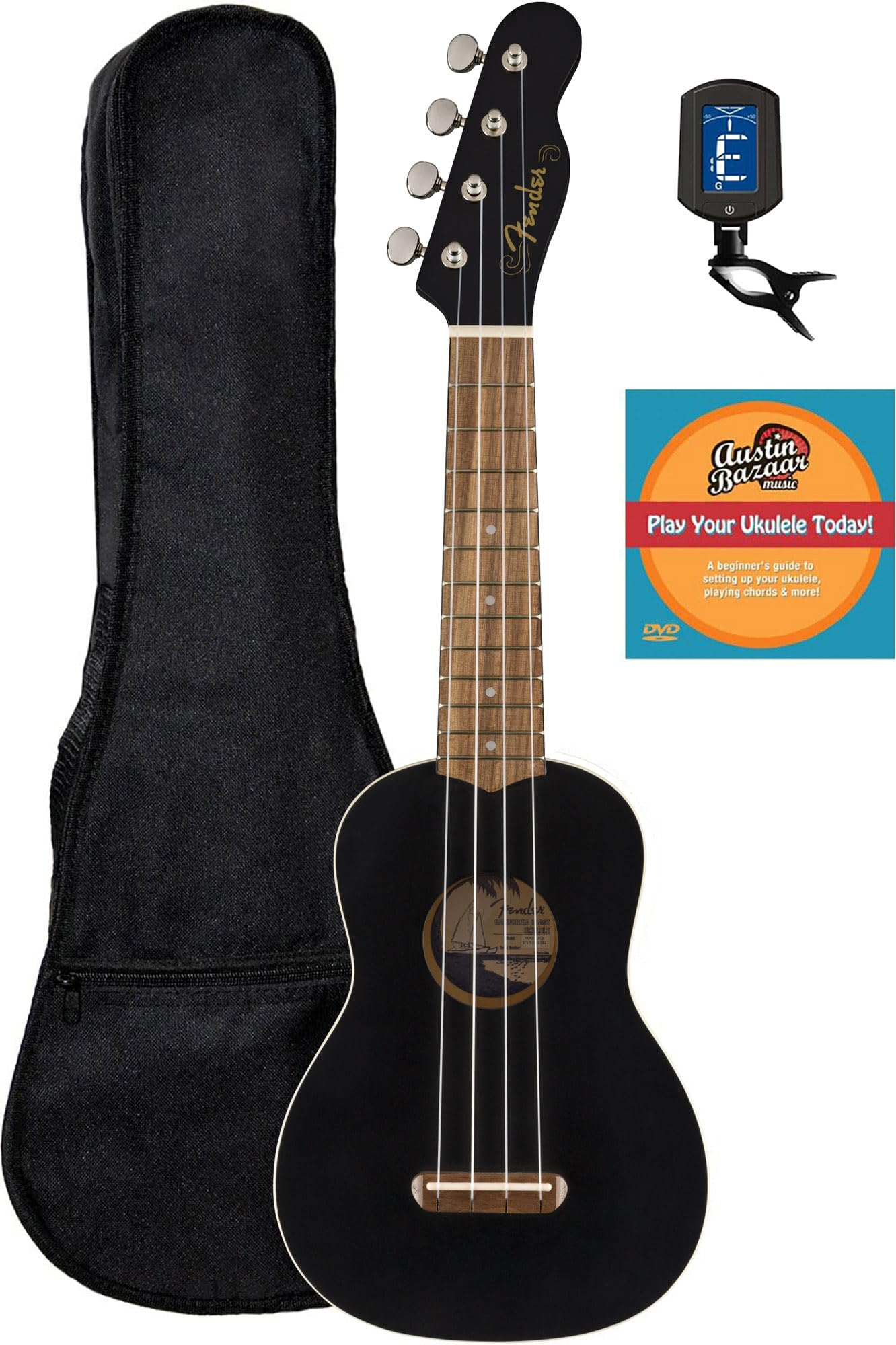 Fender Venice Soprano Ukulele - Black Bundle with Gig Bag, Tuner, and Austin Bazaar Instructional DVD
