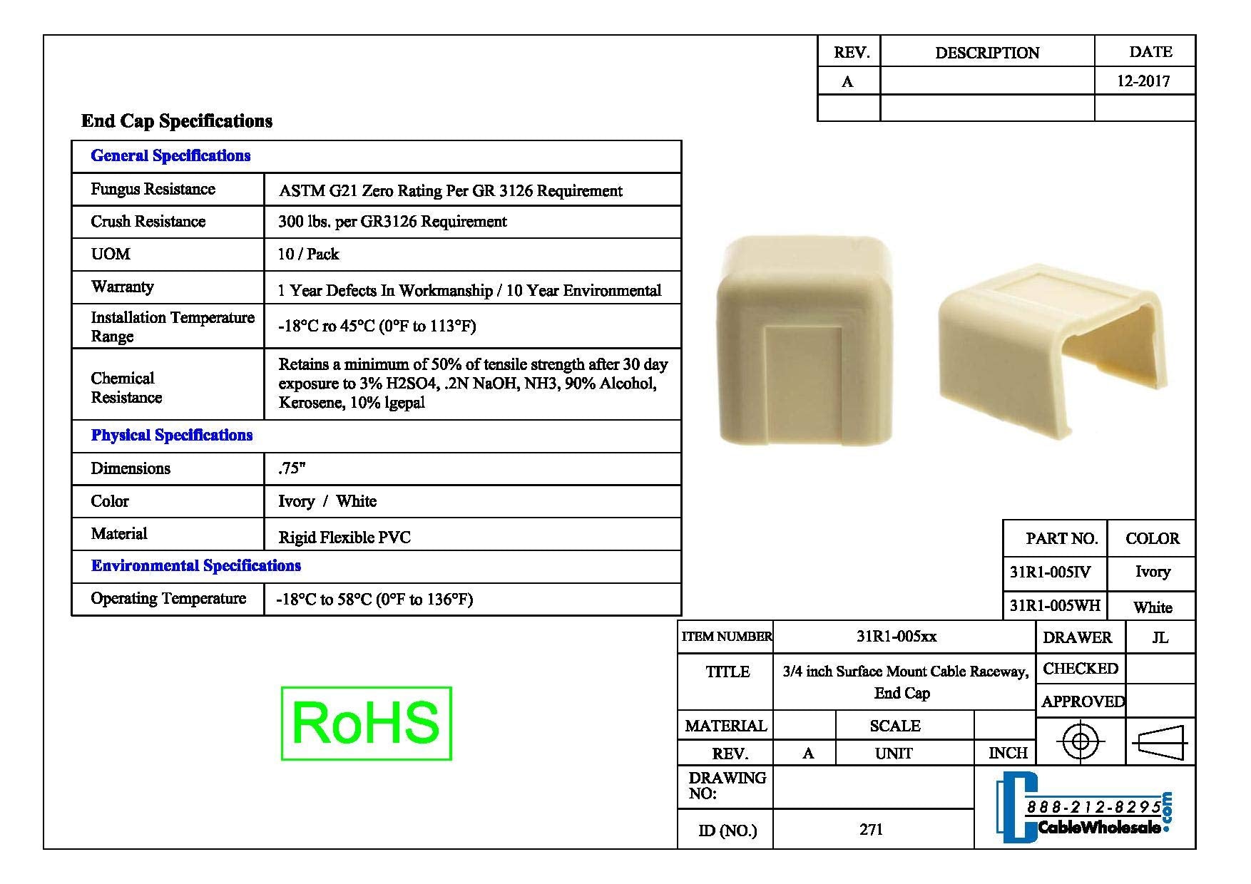 Cord Cover Cable Raceway, 3/4 Inch Surface Mount Cable Raceway End Cap On Wall Cord Concealer (Covers Raceway End), Cord Organiz